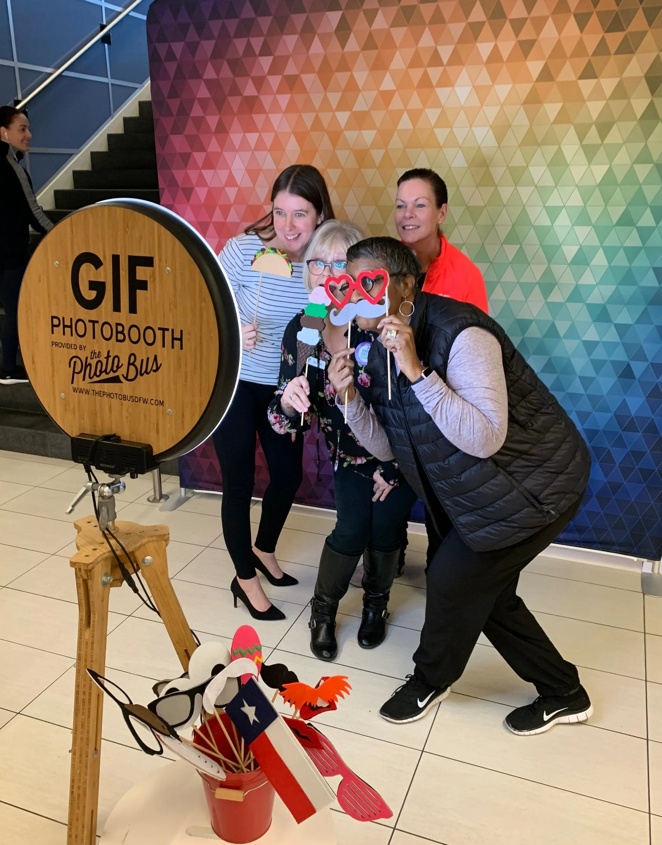 Groups having fun with our GIF Photo Booth. It creates GIFs and Boomerangs, it also offers simple single shots, and offers live props and green screen.