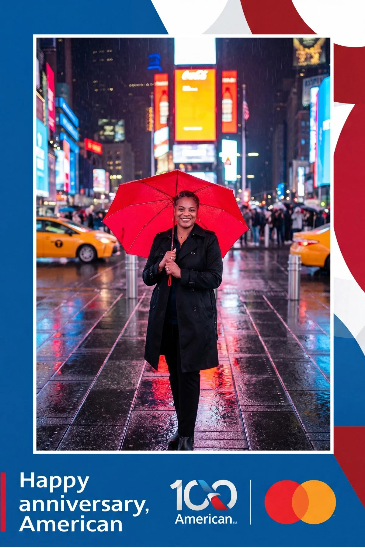 A guest holding a red umbrella on a rain-soaked Times Square sidewalk, created by the corporate AI photo booth