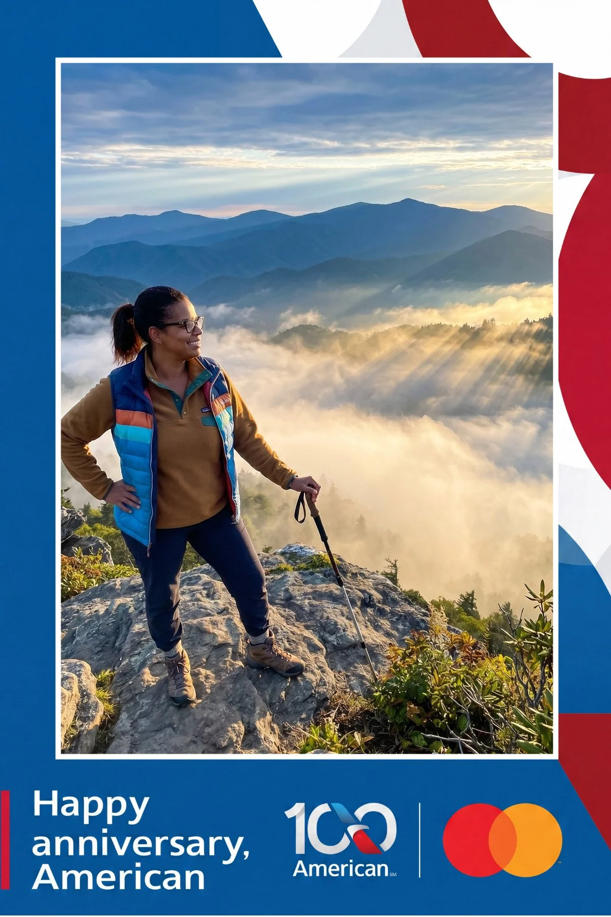 A hiker on a rocky overlook above a sea of clouds at sunrise, generated as an AI photo booth portrait