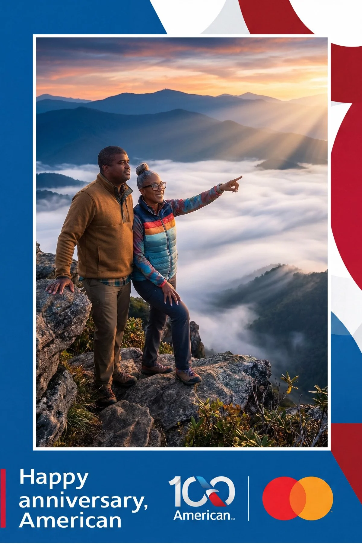  A couple on a mountain summit above the clouds at sunrise, one pointing toward the ridgeline, in a branded AI photo booth portrait 