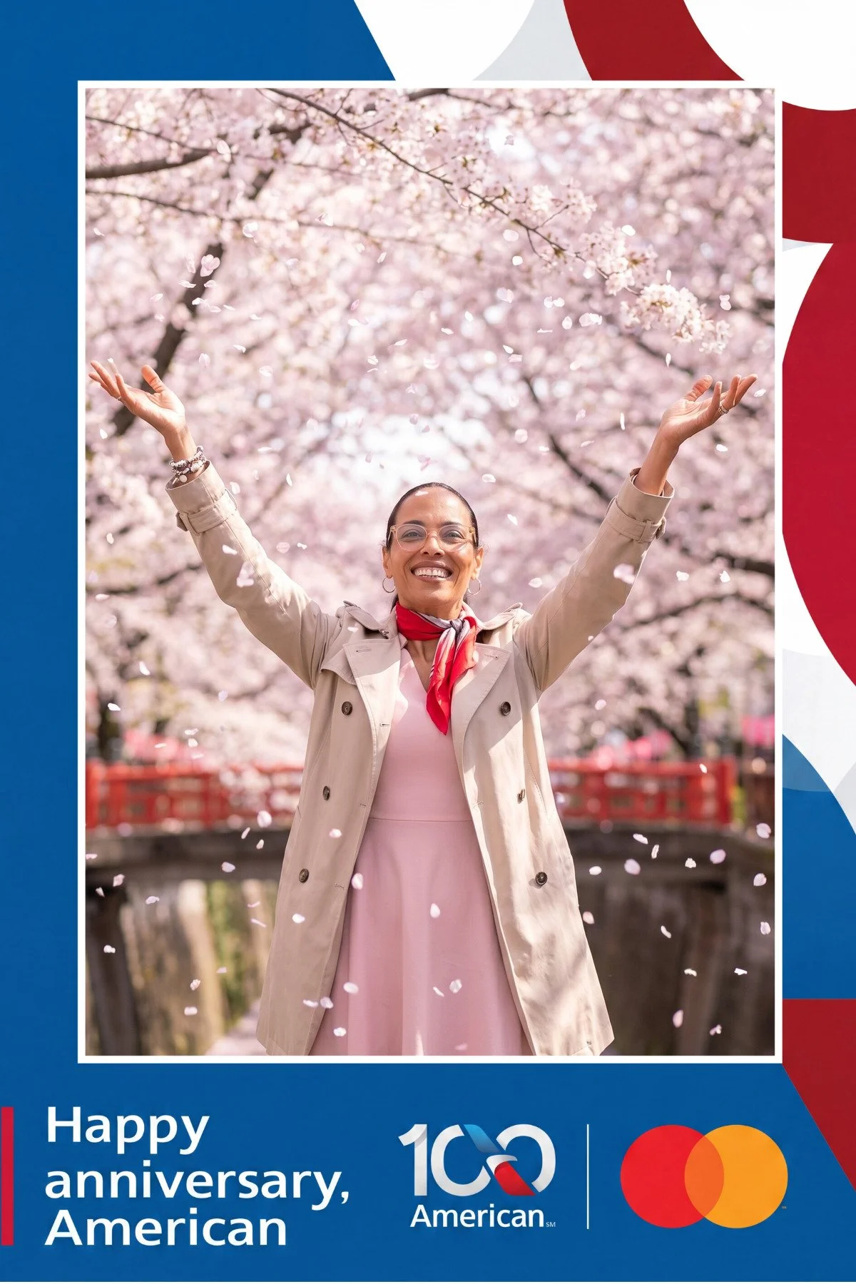 A guest throwing her arms up as cherry blossom petals fall around her, generated as an AI photo booth portrait