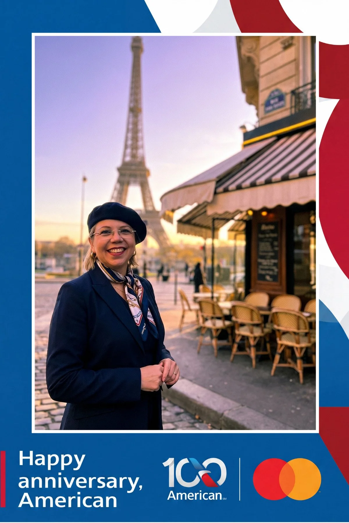 A smiling guest in a beret beside a Paris sidewalk cafe with the Eiffel Tower behind her, produced by the AI photo booth