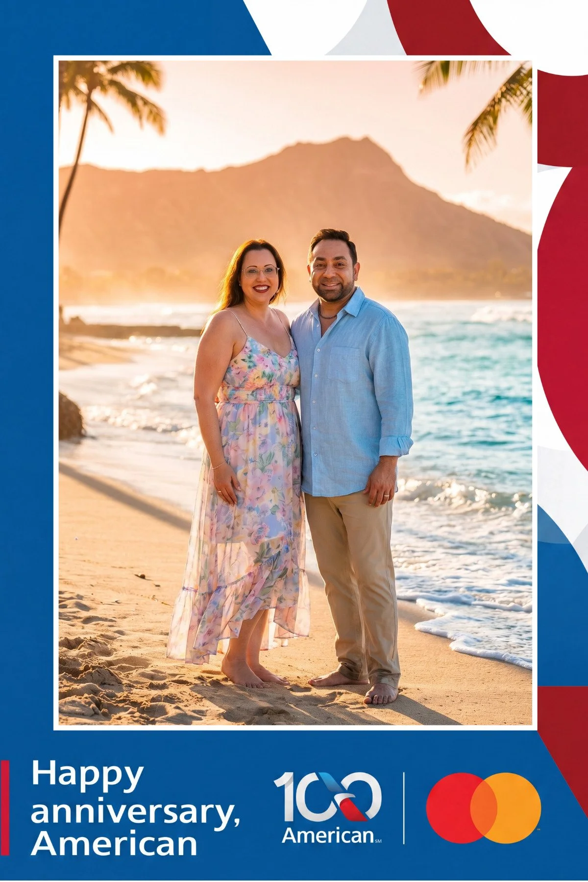 A couple barefoot on the sand at golden hour with Diamond Head in the distance, generated from a custom AI photo booth destination prompt