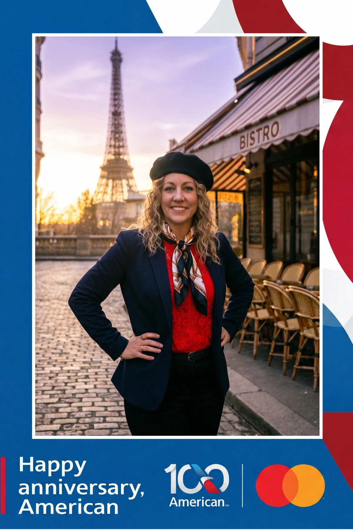 A guest in a beret and blazer outside a Paris bistro at sunrise with the Eiffel Tower behind her, made by the AI photo booth