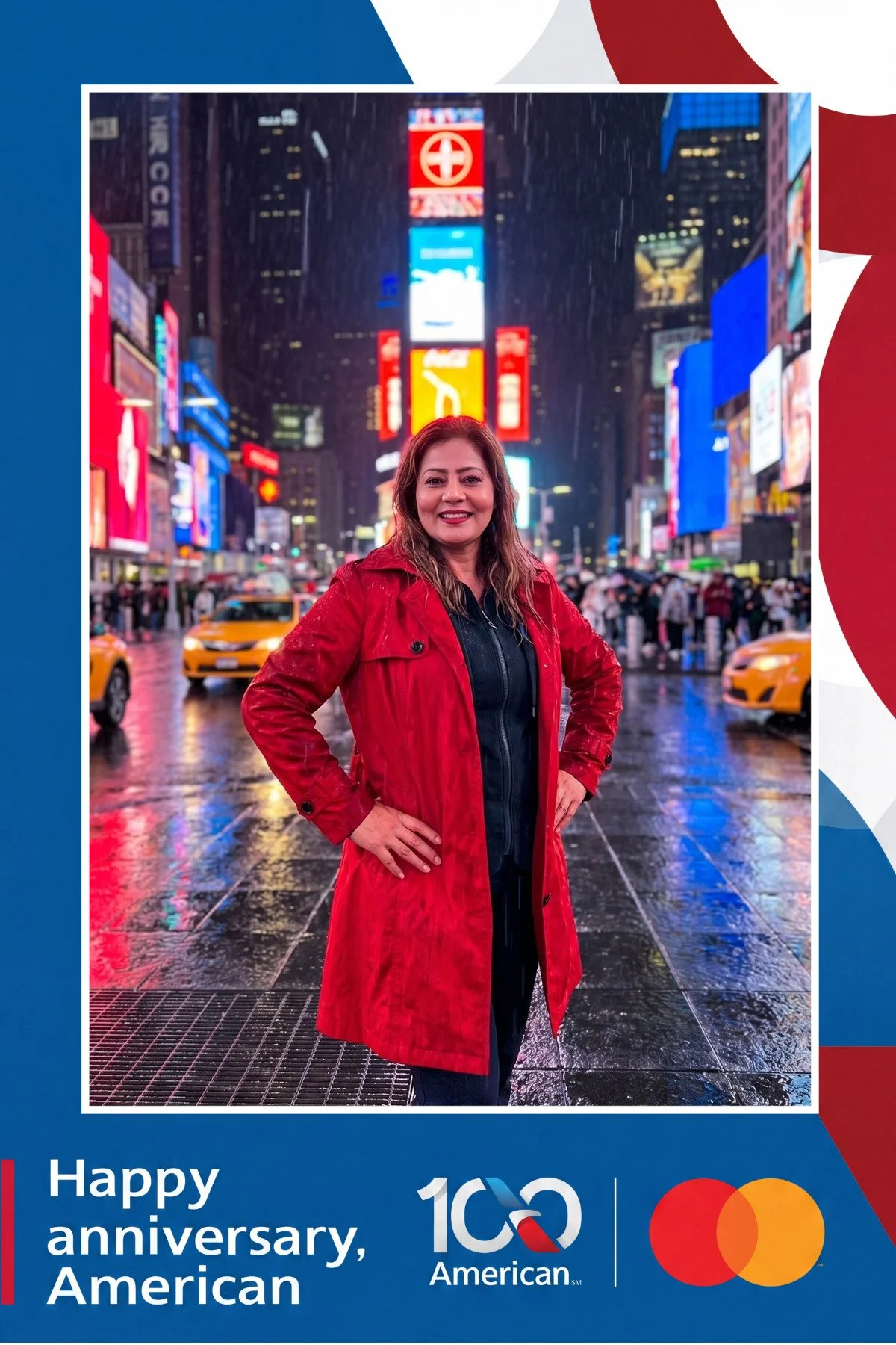 A woman in a red trench coat posing in Times Square on a rainy night, created as an AI photo booth portrait
