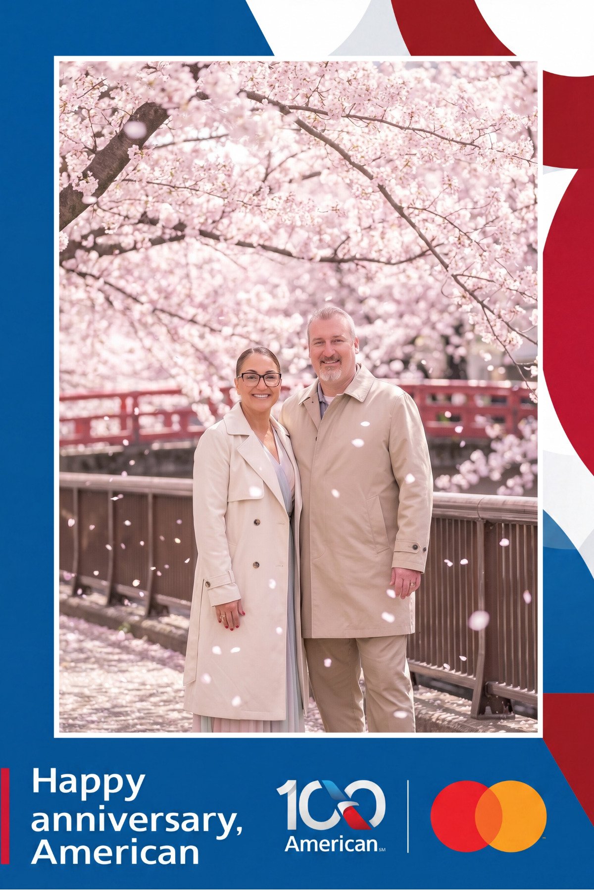 Two guests in trench coats under cherry blossoms on a red footbridge, generated as an AI photo booth portrait from a custom travel prompt