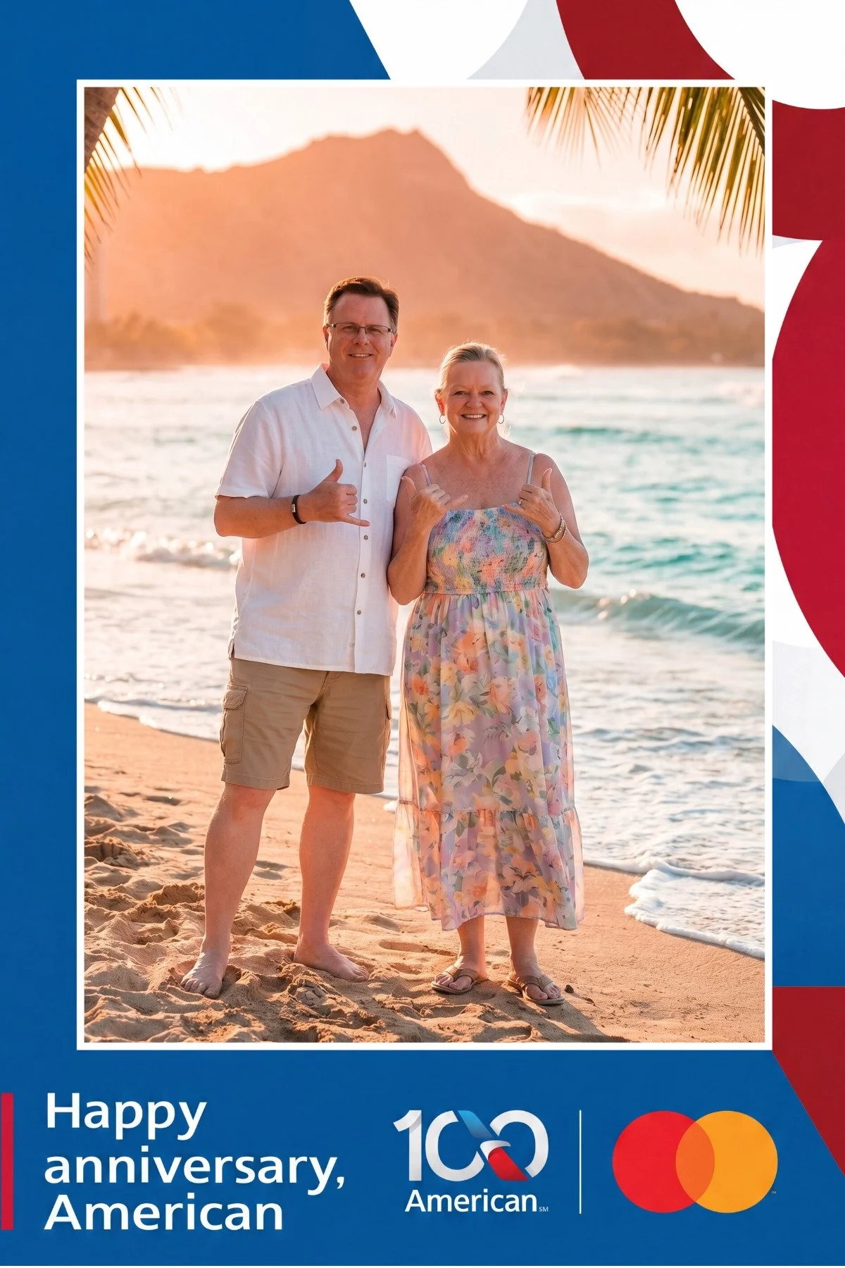 A couple standing on a Hawaiian beach at sunset with Diamond Head behind them, giving a thumbs up in a custom AI photo booth portrait