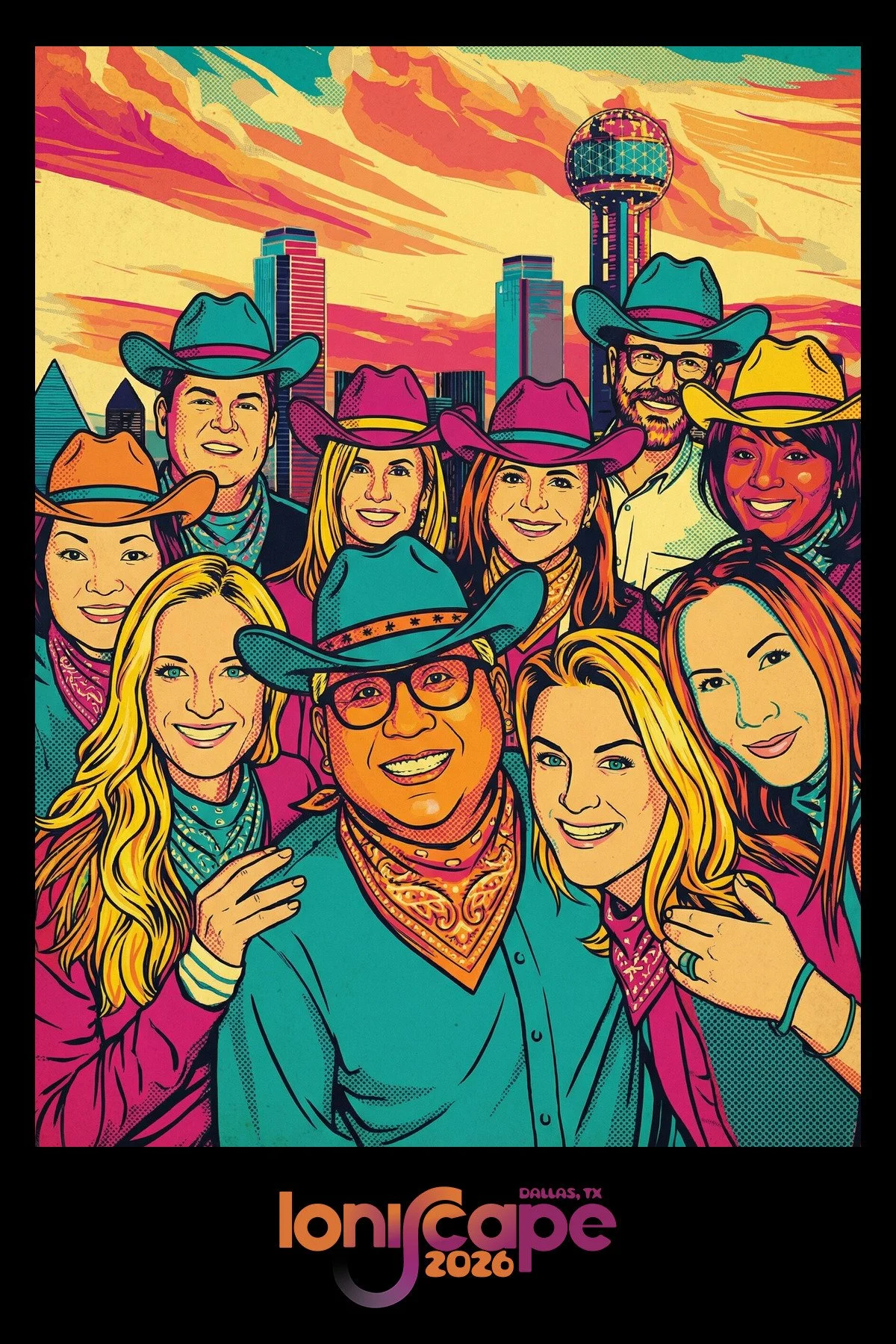 A large group of coworkers combined into one pop art poster portrait in front of Reunion Tower, generated by the AI photo booth in a single image