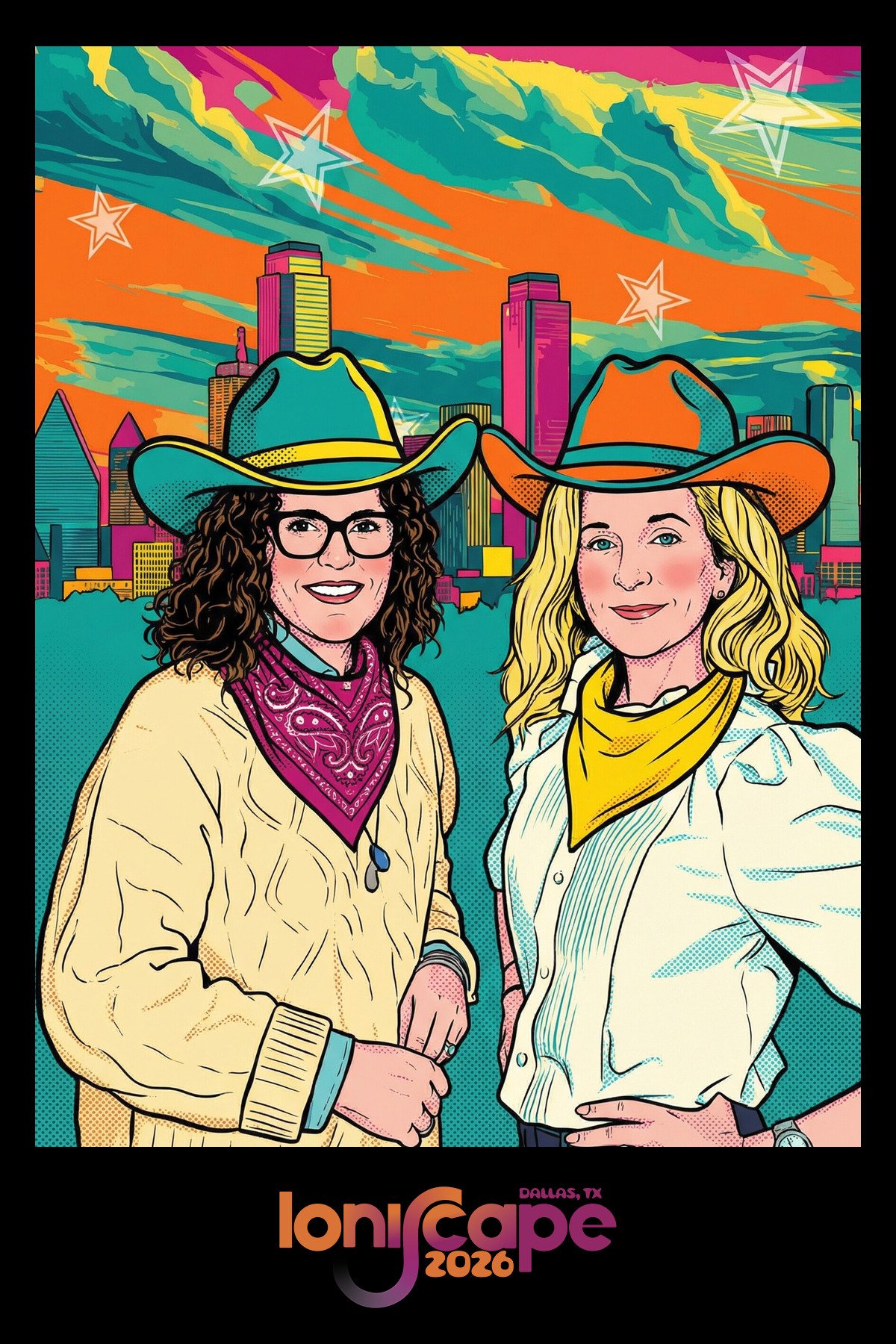 Two coworkers in cowboy hats and bandanas rendered as a vivid pop art poster against a Texas skyline by the AI photo booth