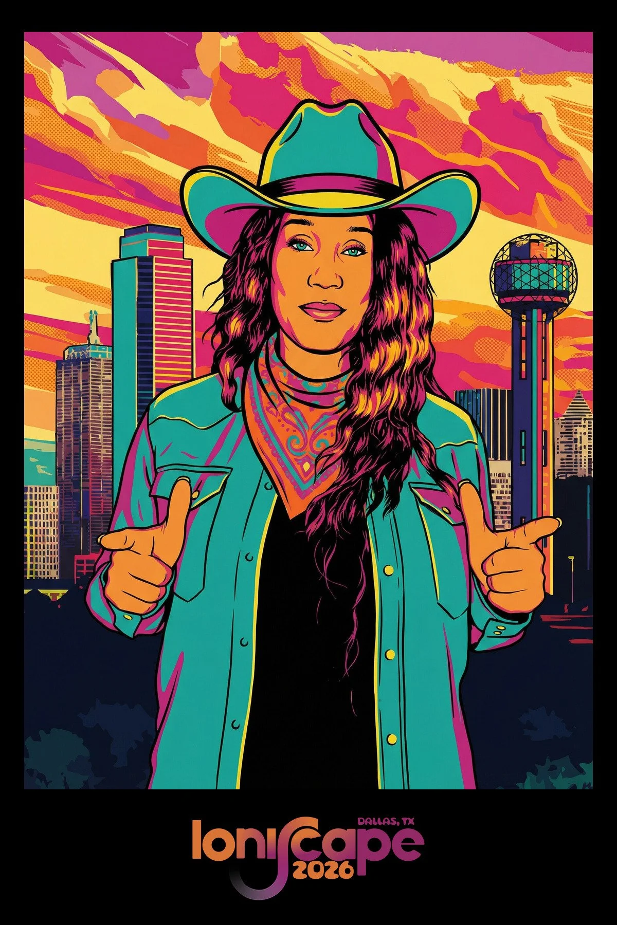 A guest throwing double thumbs up in a bright neon Texas western poster style AI photo booth portrait
