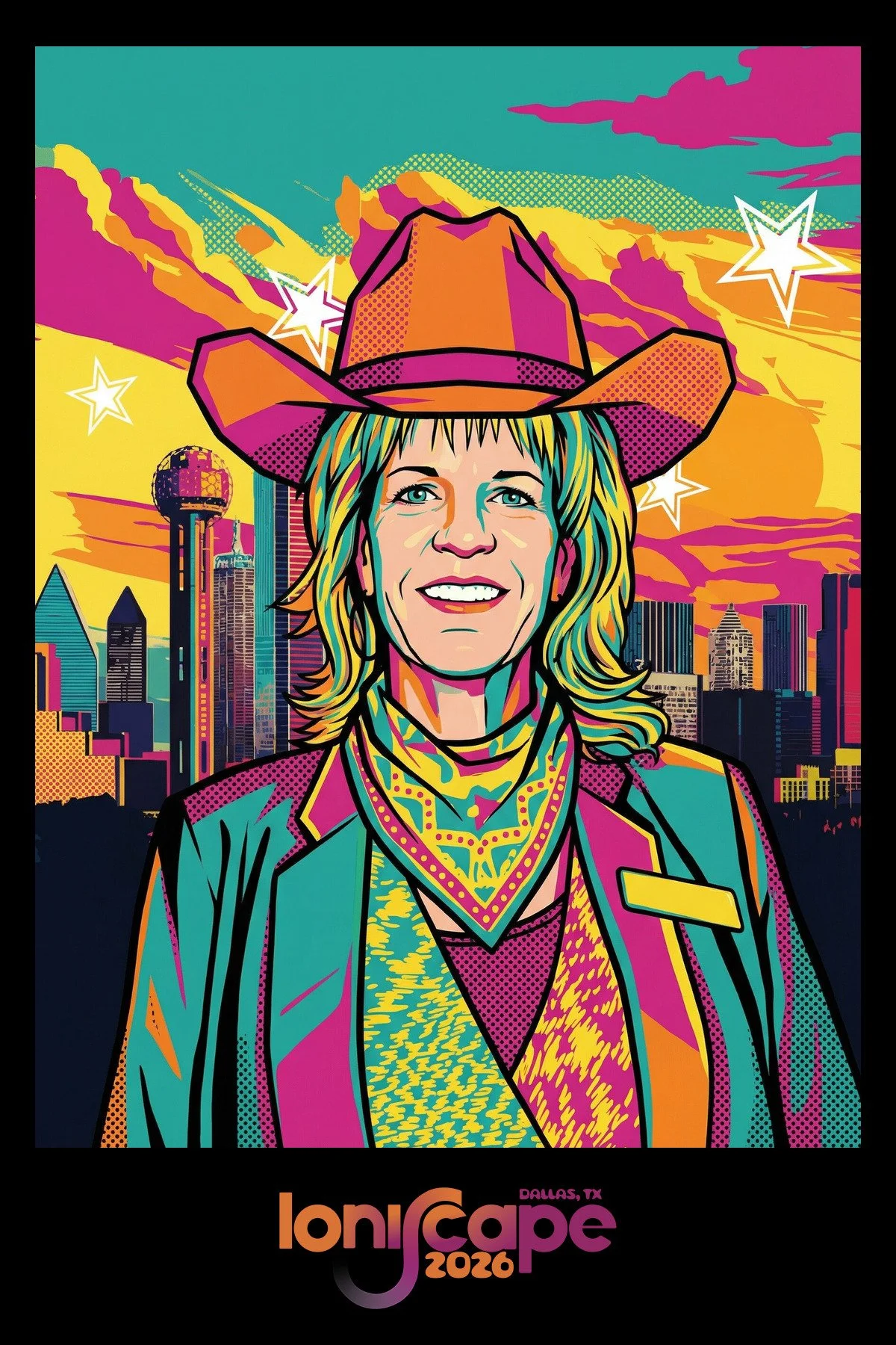 A guest reimagined as a pop art cowboy poster with the Dallas skyline and Reunion Tower behind her, created by the AI photo booth rental