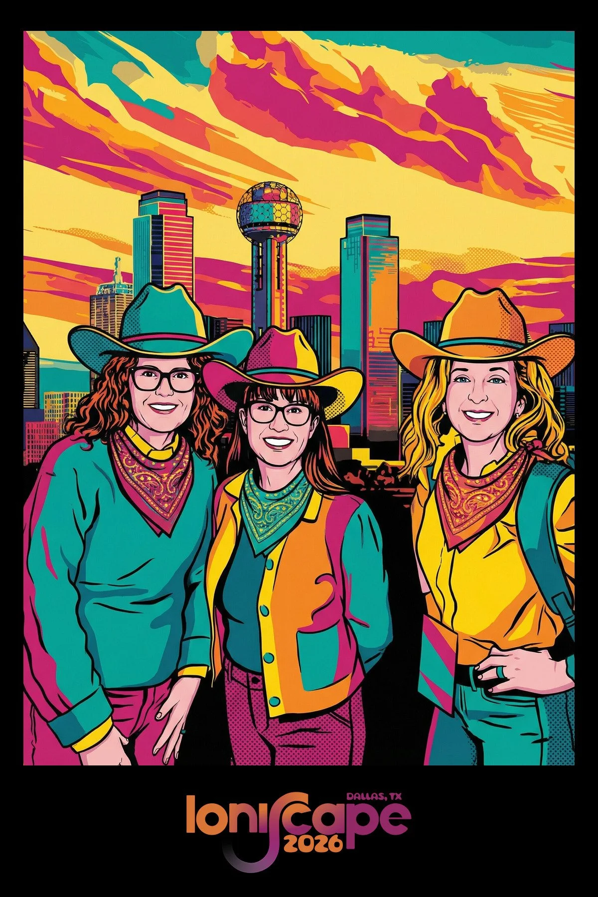 Three guests in cowboy hats posed in front of Reunion Tower at sunset in a screen print style AI photo booth portrait