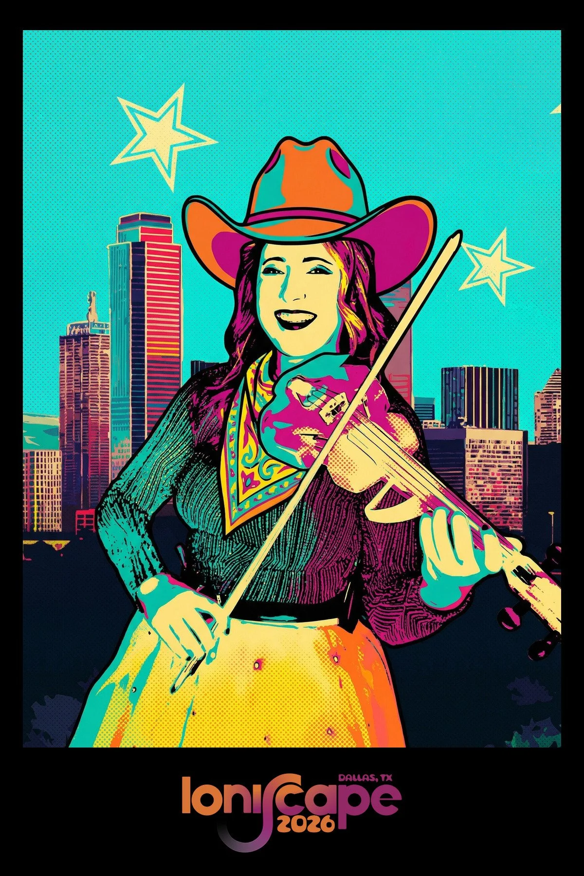 A guest playing a fiddle in a neon Texas screen print style, generated as an AI photo booth portrait