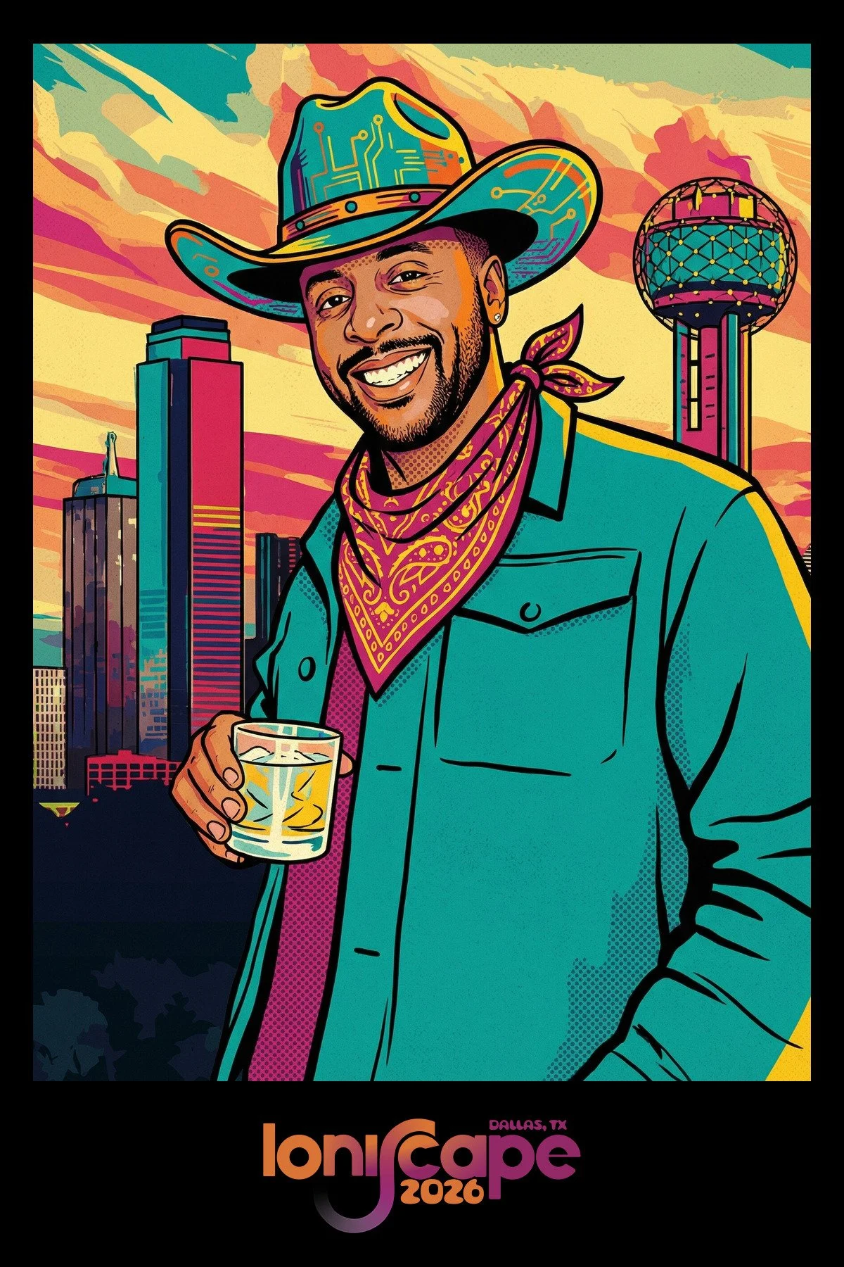 A guest raising a cocktail, rendered as a bold western poster with the city skyline behind him, made by the AI photo booth
