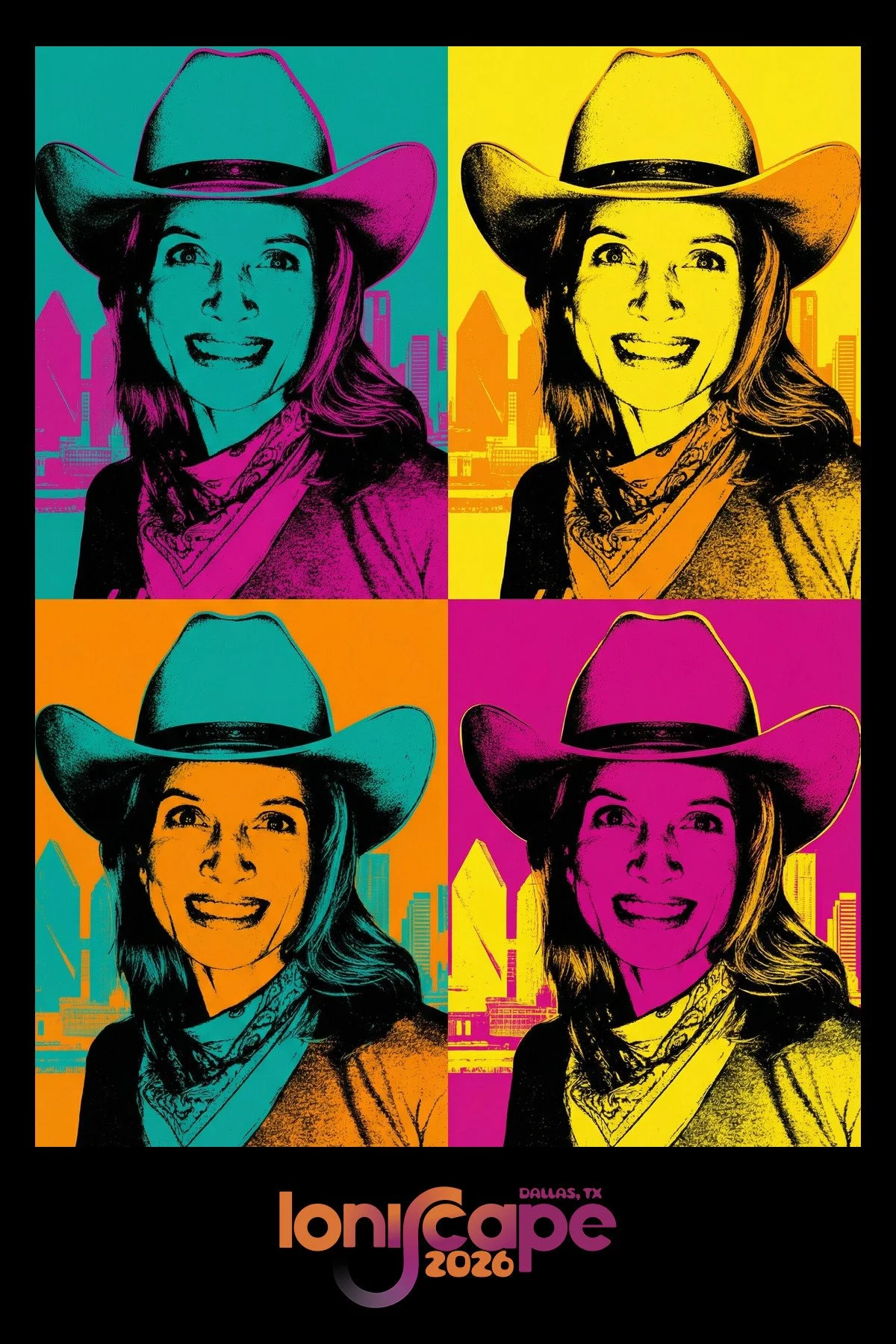 One guest repeated across four color panels in a Warhol style grid, generated as an AI portrait booth image