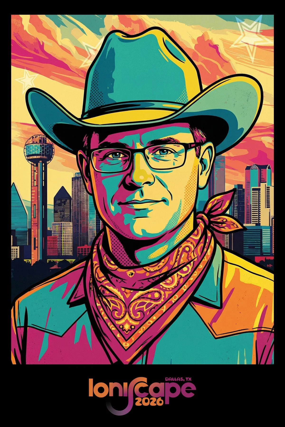 A guest in a cowboy hat and paisley bandana rendered as a screen print poster with the Texas skyline behind him, produced by the branded AI photo booth