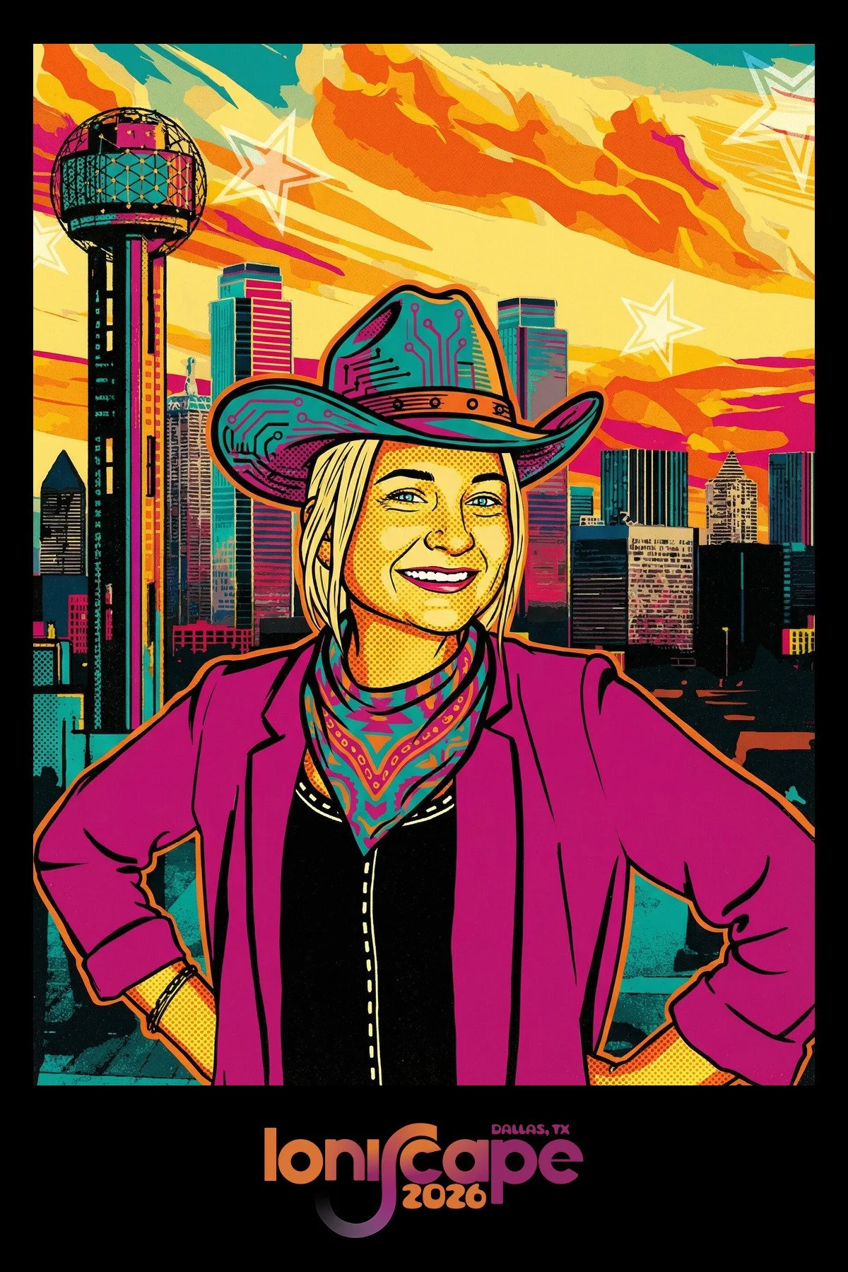 A guest in a magenta blazer and cowboy hat posed against a neon Texas skyline in a corporate AI photo booth portrait