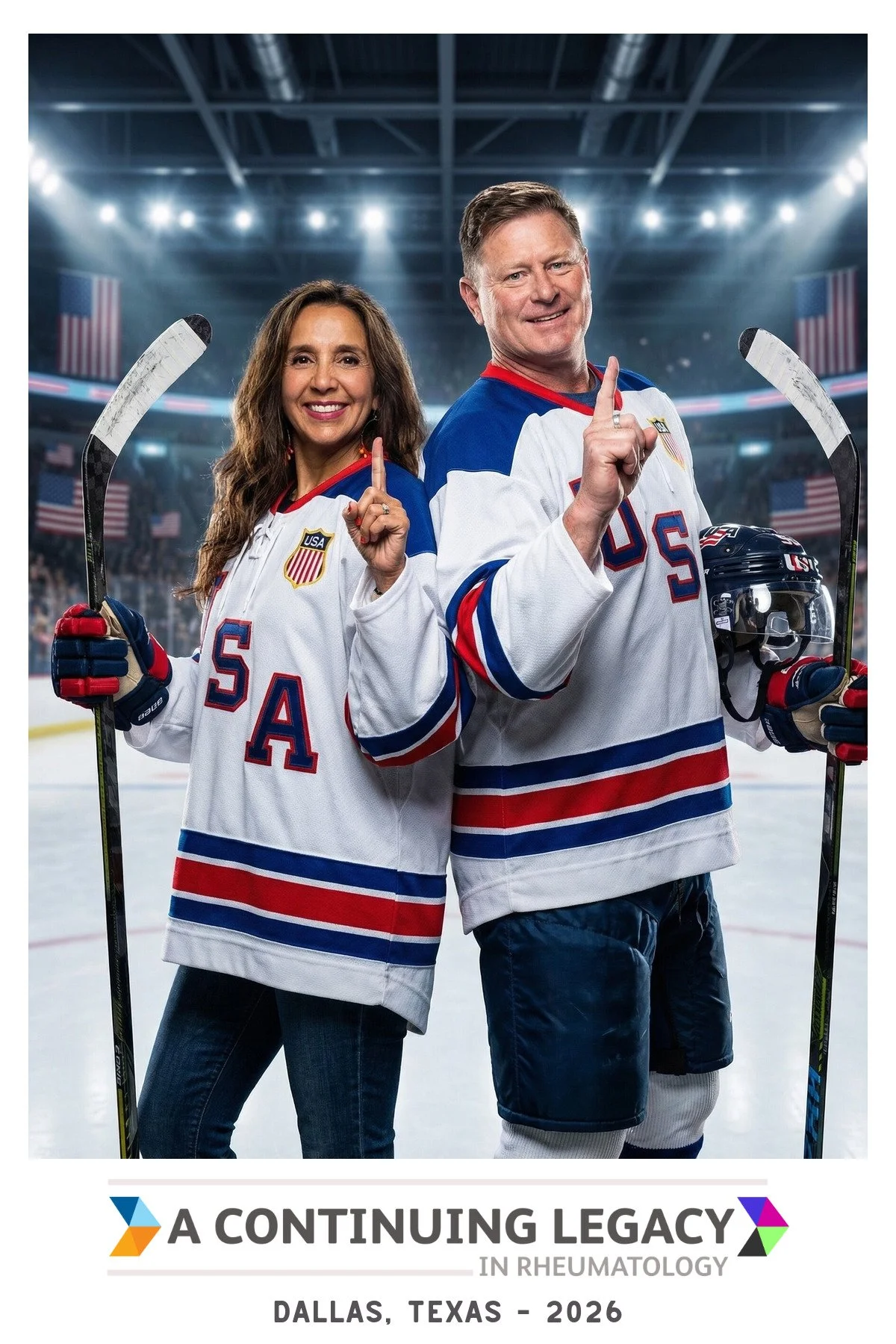 A man and woman in white hockey jerseys pointing skyward inside an ice arena, created as an AI photo booth portrait