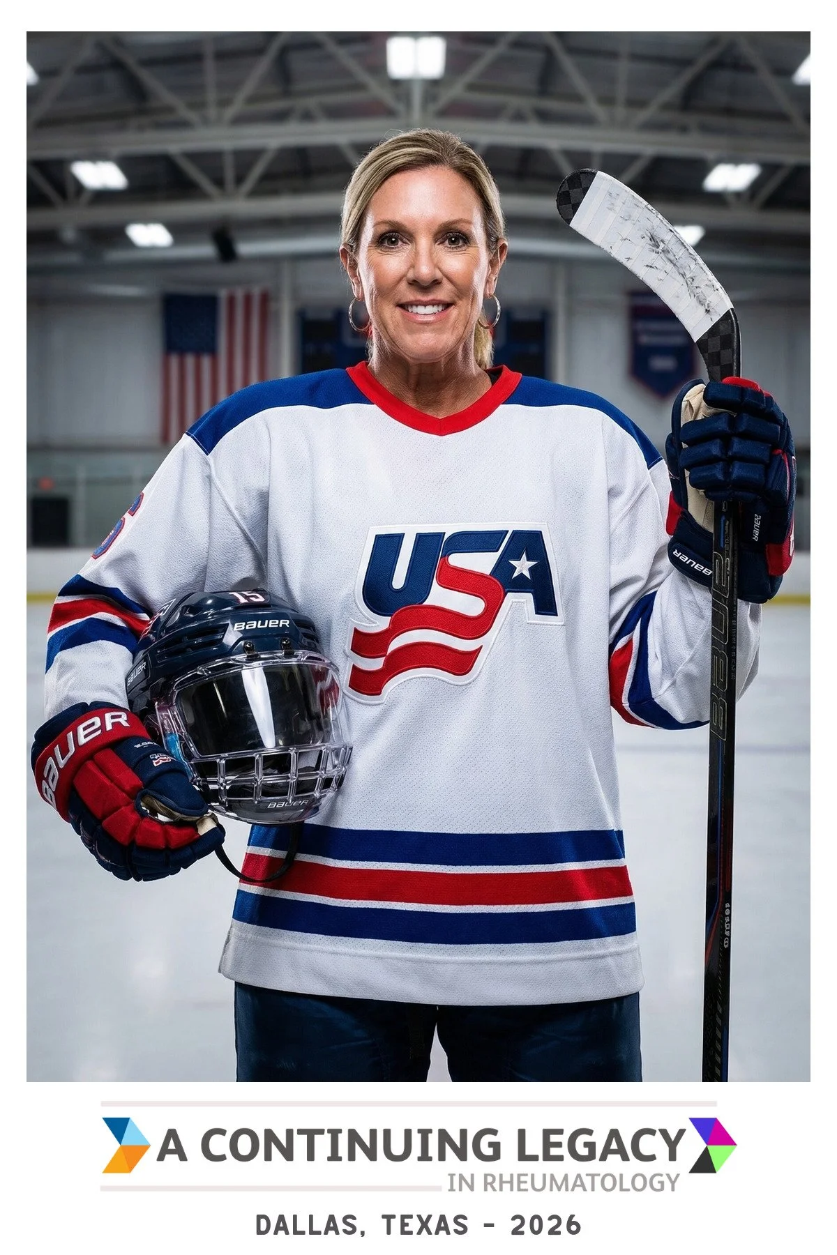 A guest in a hockey jersey holding her helmet and stick at center ice, generated as an AI portrait booth image