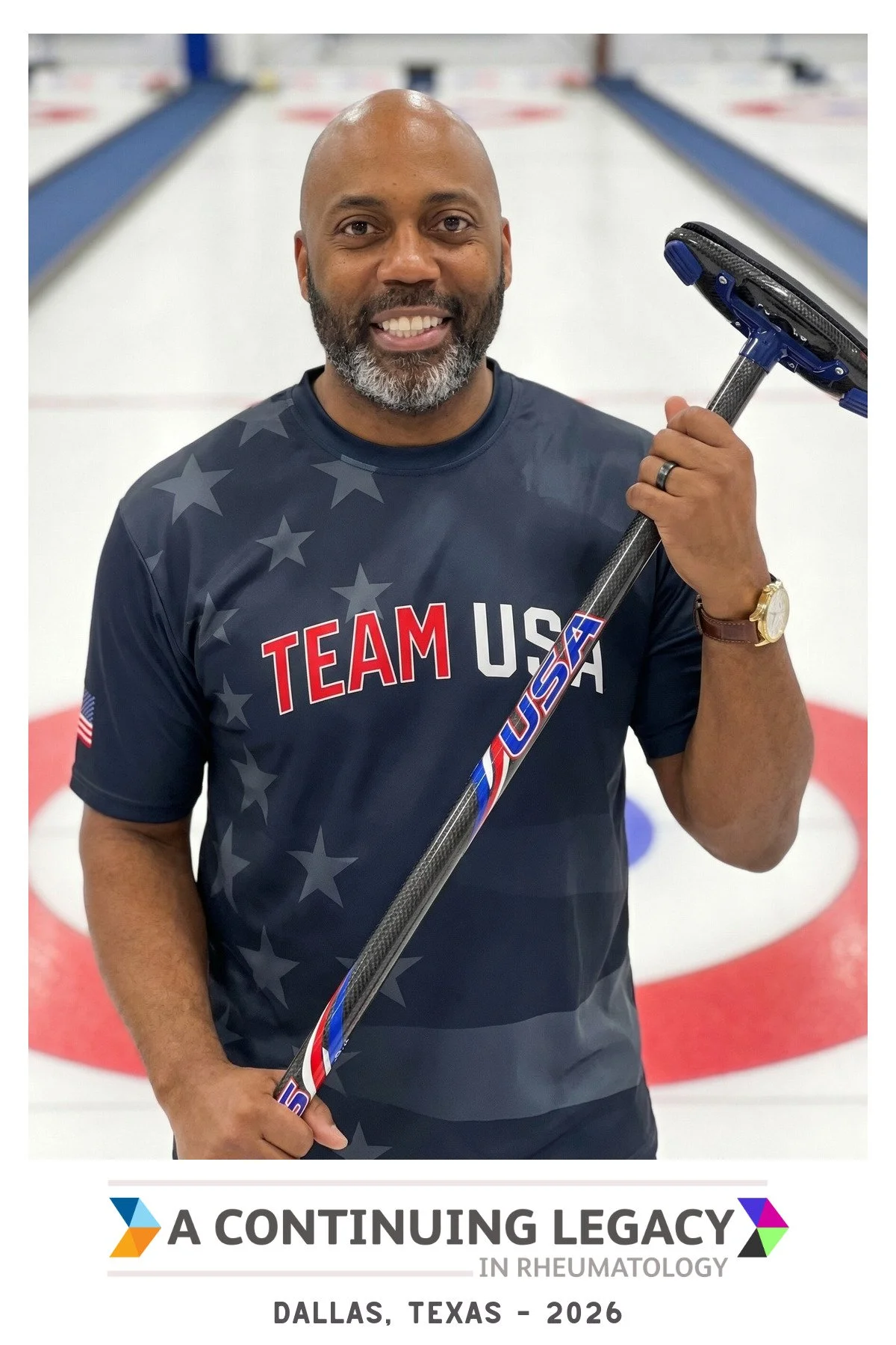 A guest holding a curling broom out on the ice, rendered as a photoreal AI photo booth portrait