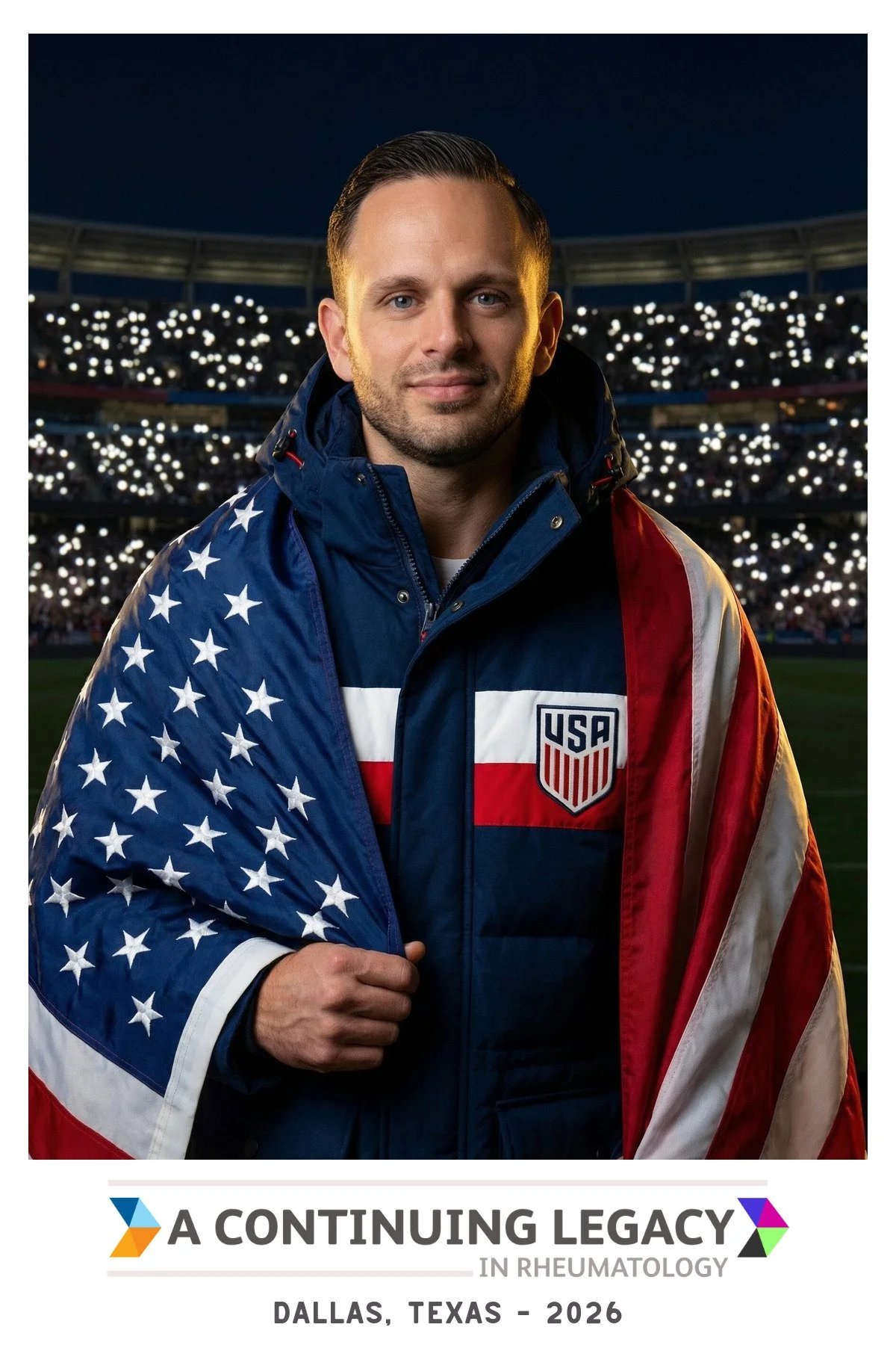 A guest wrapped in an American flag over a team parka in a floodlit stadium, created by the AI photo booth