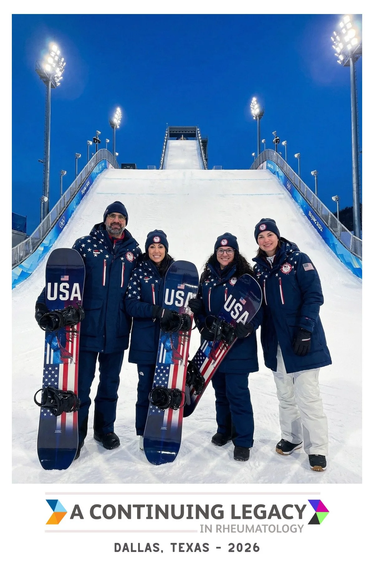 Four guests holding snowboards in front of a lit ski jump at blue hour, generated as an AI photo booth portrait