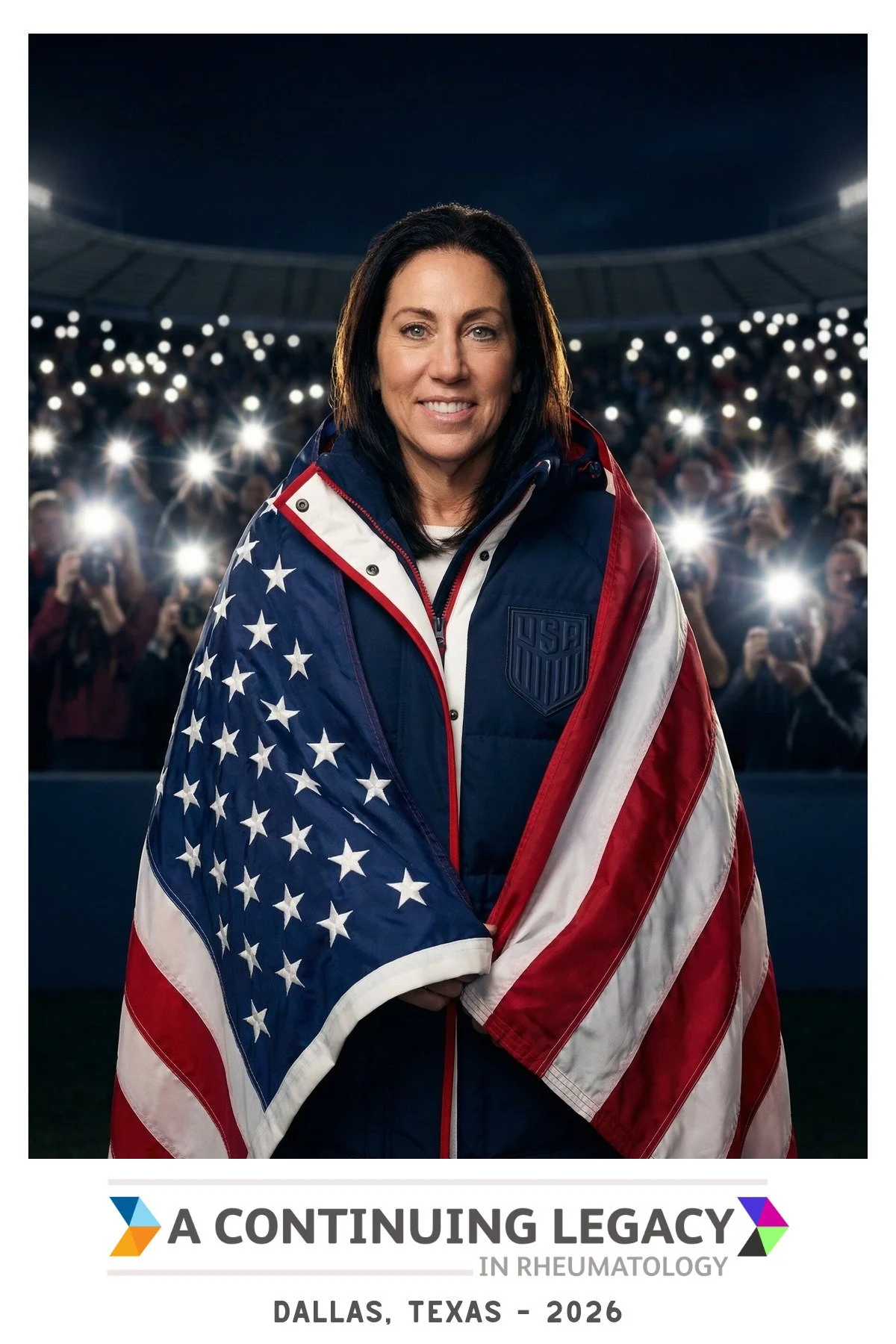 A guest draped in an American flag as camera flashes fire behind her, produced by the corporate AI photo booth