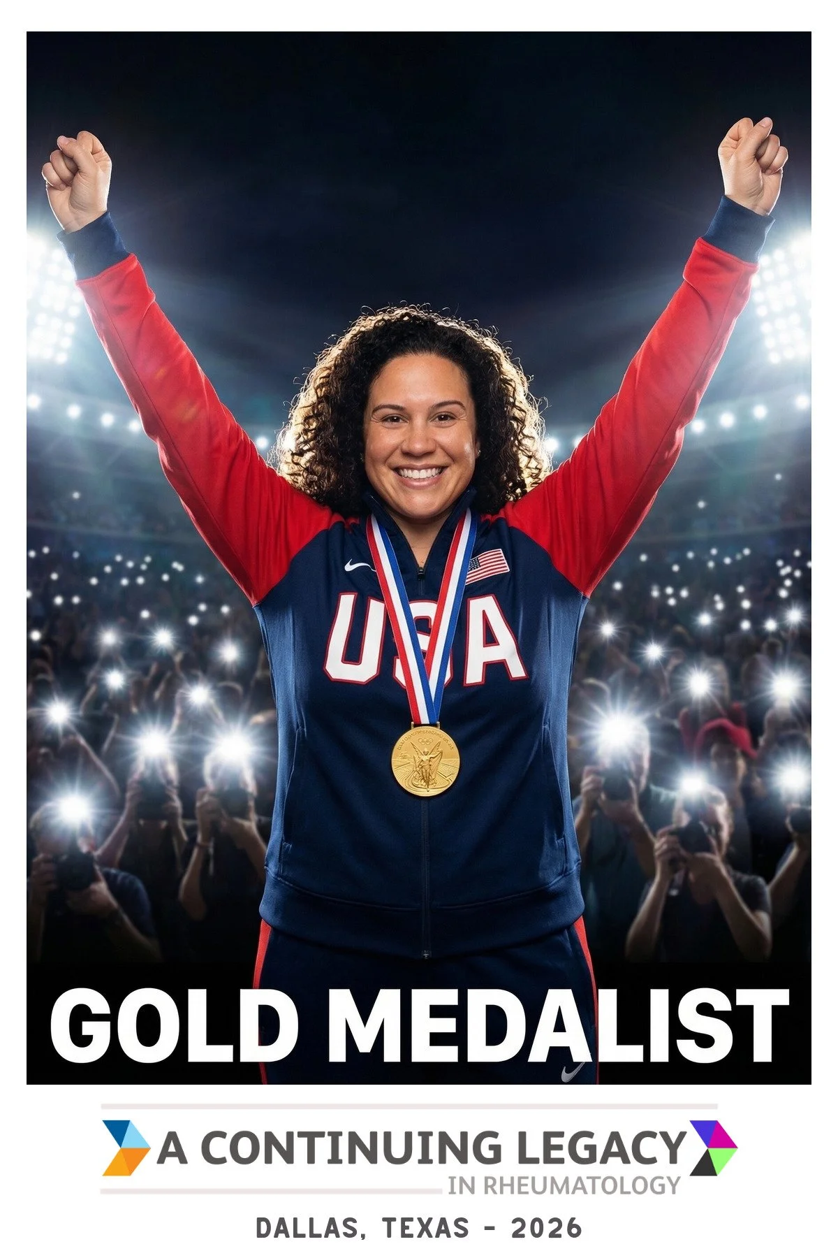 A guest raising both arms with a gold medal around her neck in a packed stadium, generated by the AI photo booth