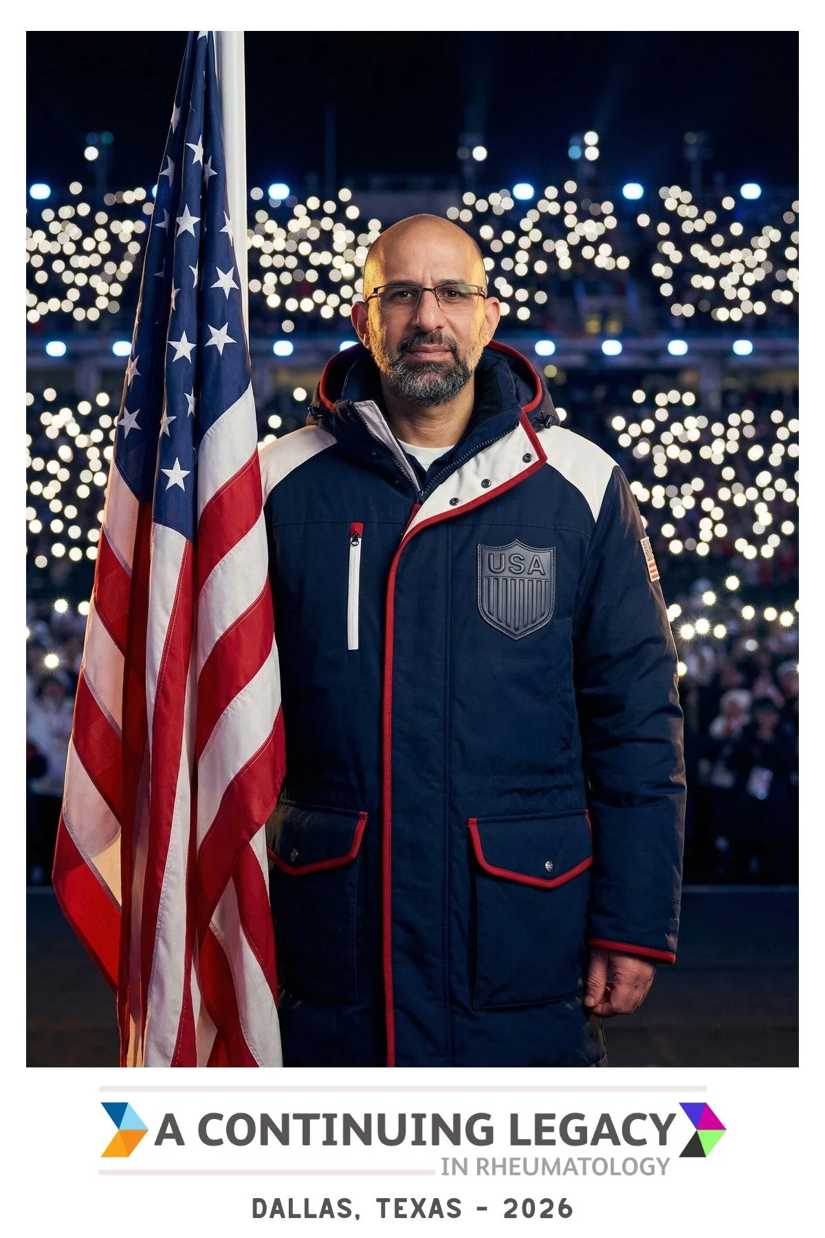 A guest holding an American flag on a stadium floor at night, created as an AI photo booth portrait