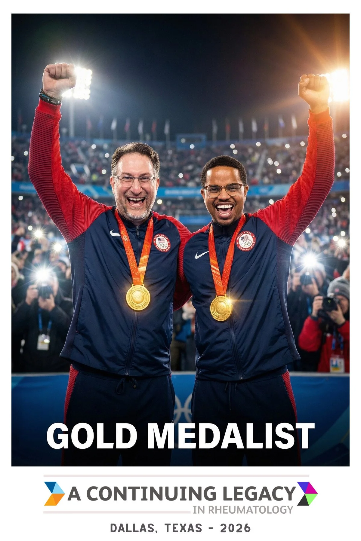 Two guests celebrating with gold medals as photographers shoot from the crowd, generated by the branded AI photo booth