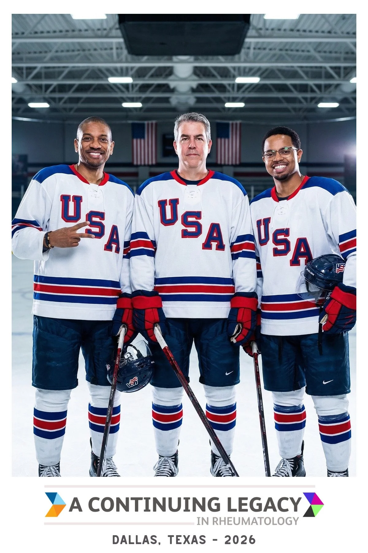 Three guests in white hockey jerseys posed together at center ice, created in one AI photo booth image