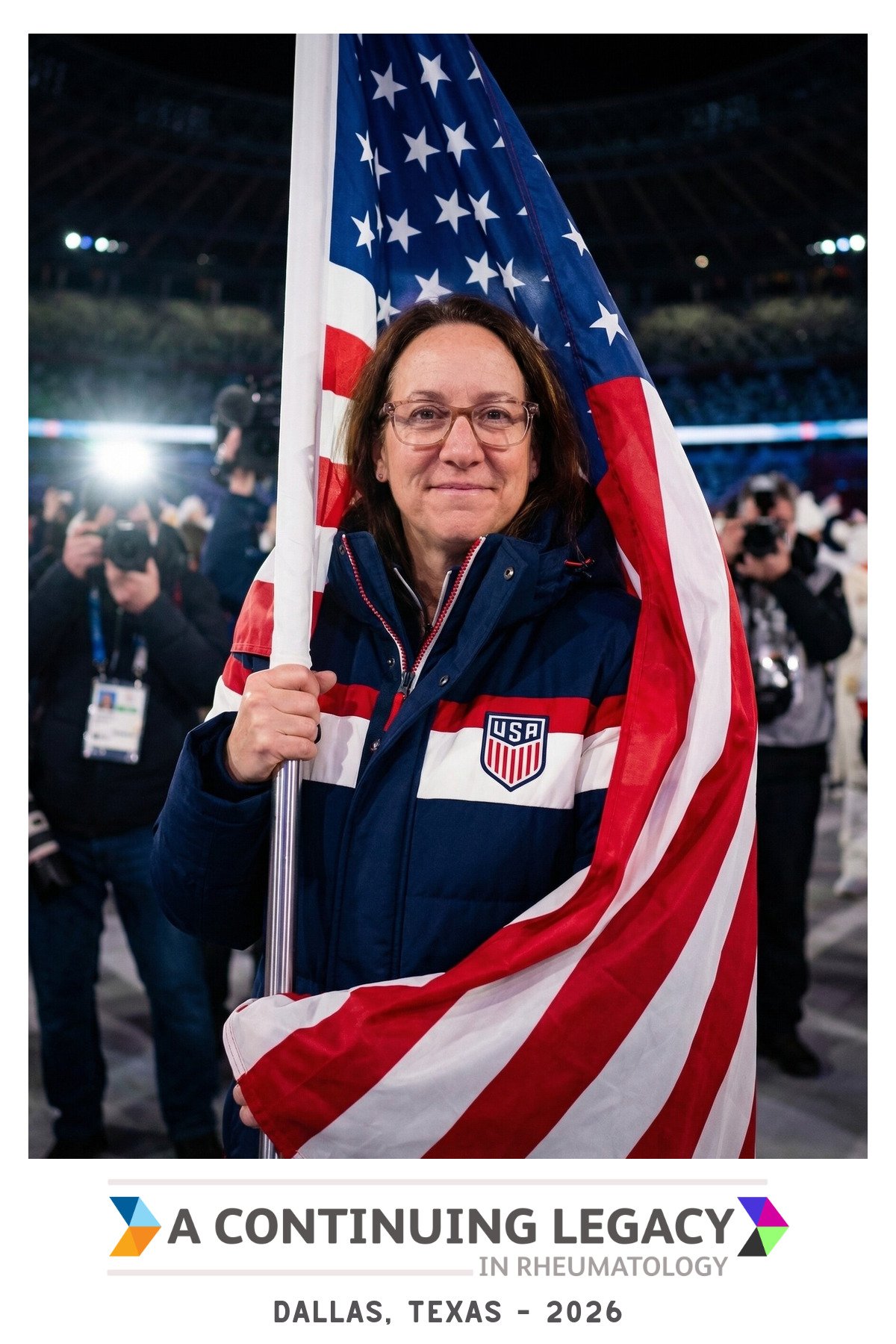 A guest carrying an American flag through a stadium as press cameras flash, generated as an AI portrait booth image