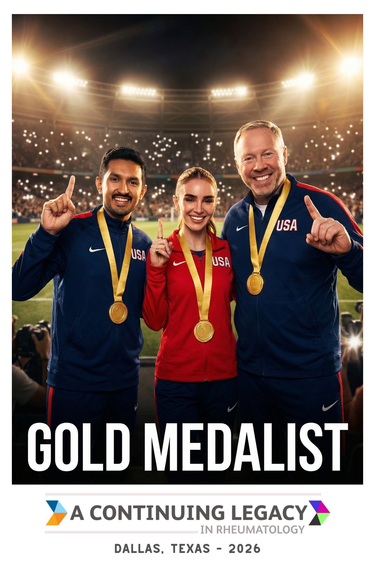 Three guests wearing gold medals and pointing skyward in a floodlit stadium, produced by the AI photo booth