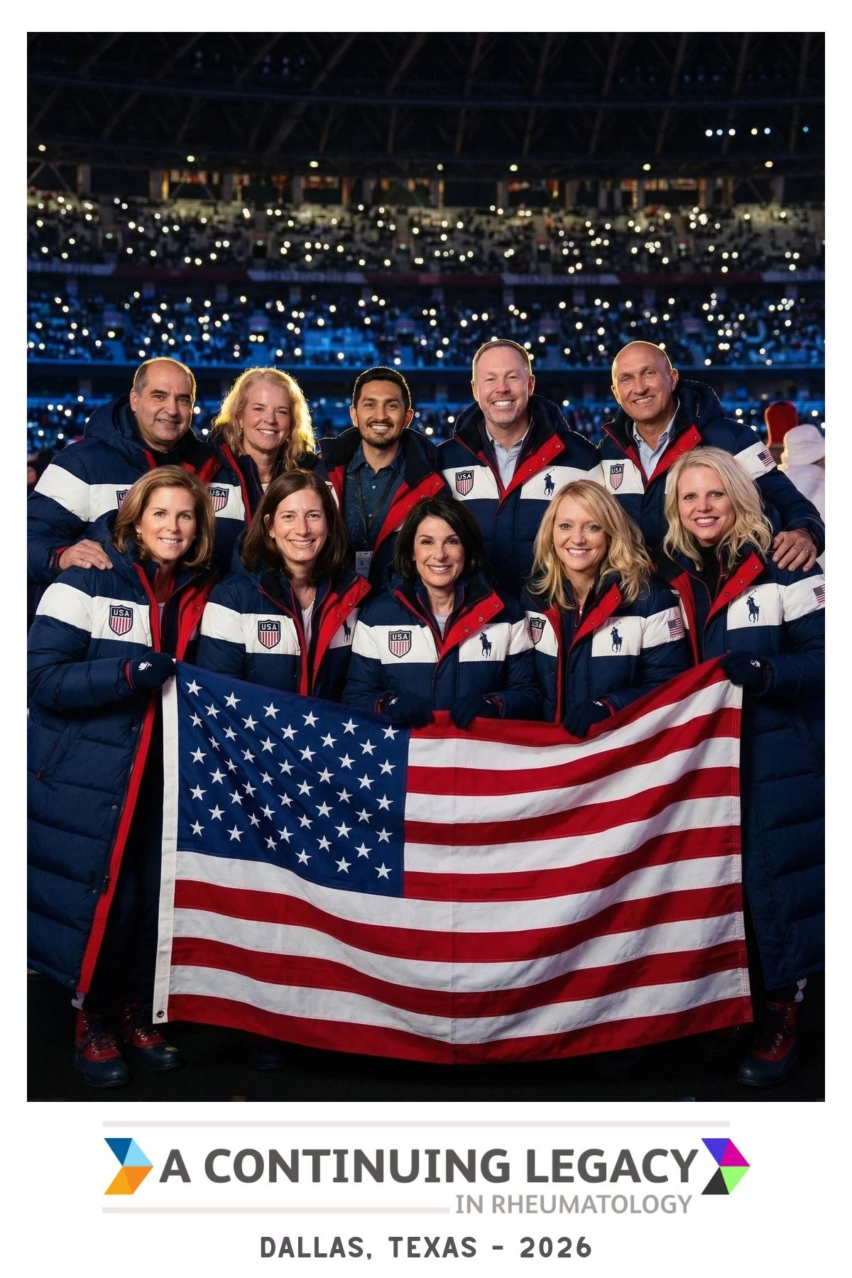 Ten guests in matching team parkas holding a large American flag, combined into a single AI photo booth image