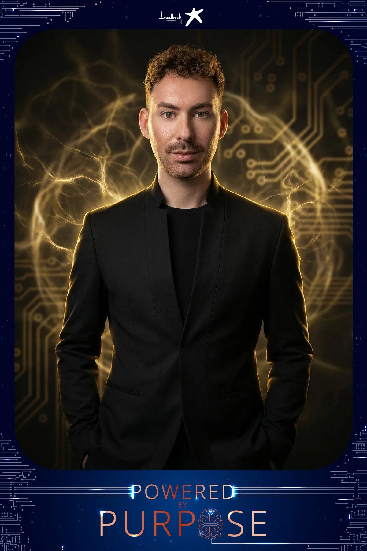 A guest in a black blazer with a golden plasma burst behind his head, created by the corporate AI photo booth