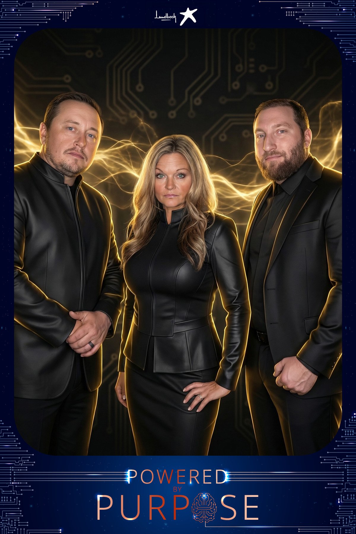 Three coworkers in sharp black outfits framed by gold lightning on a circuit board, combined into one branded AI photo booth image