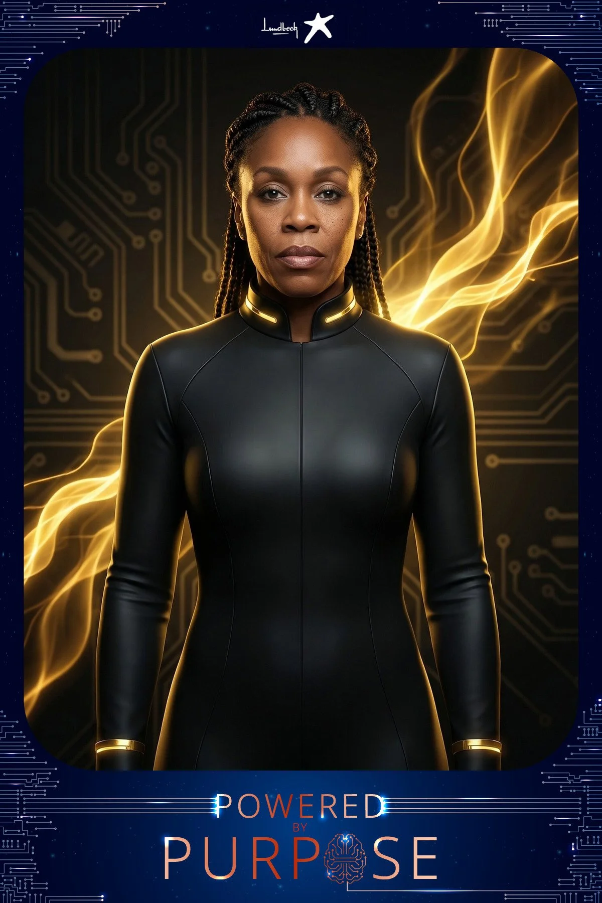 A guest in a black and gold hero suit with streams of golden energy behind her, generated as an AI photo booth portrait