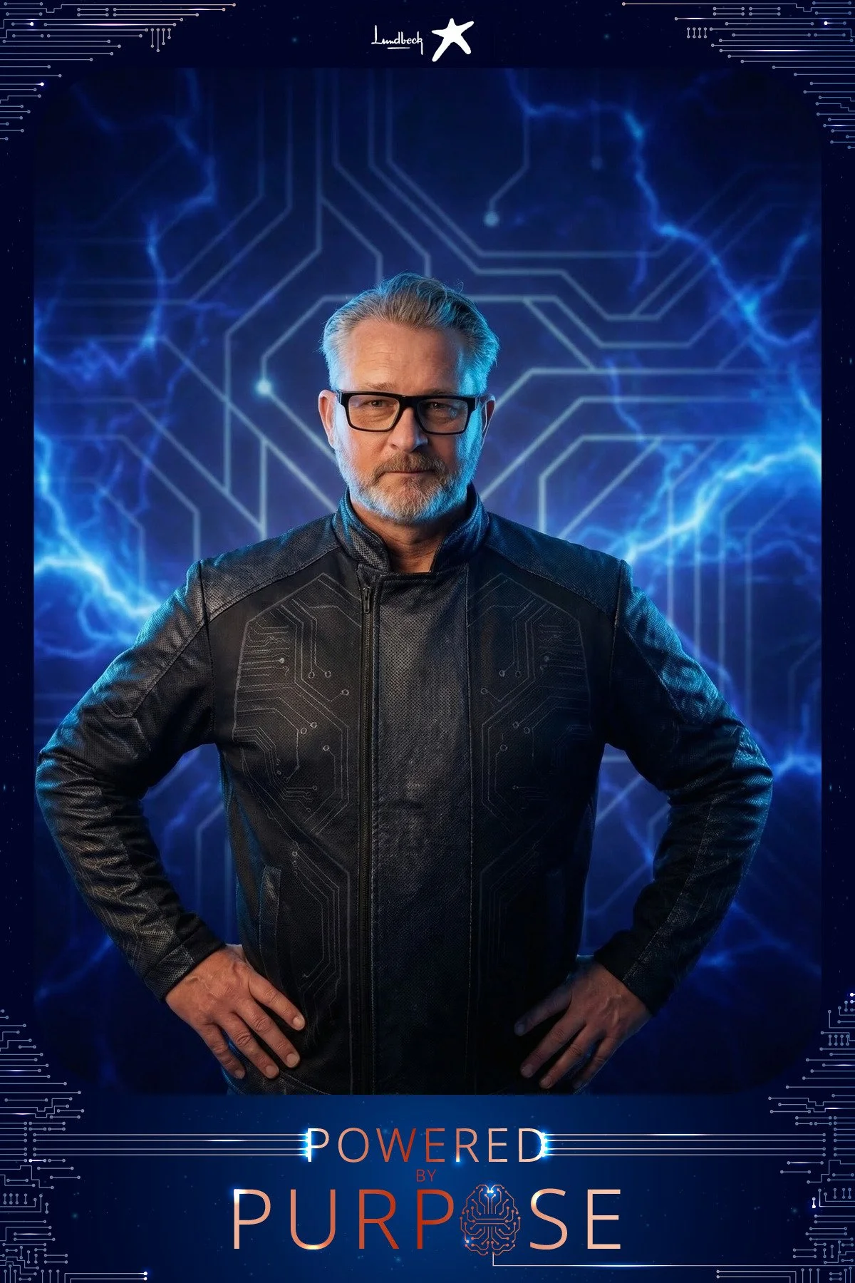 A guest in a circuit-trimmed jacket standing in front of bright blue lightning, produced by the AI photo booth