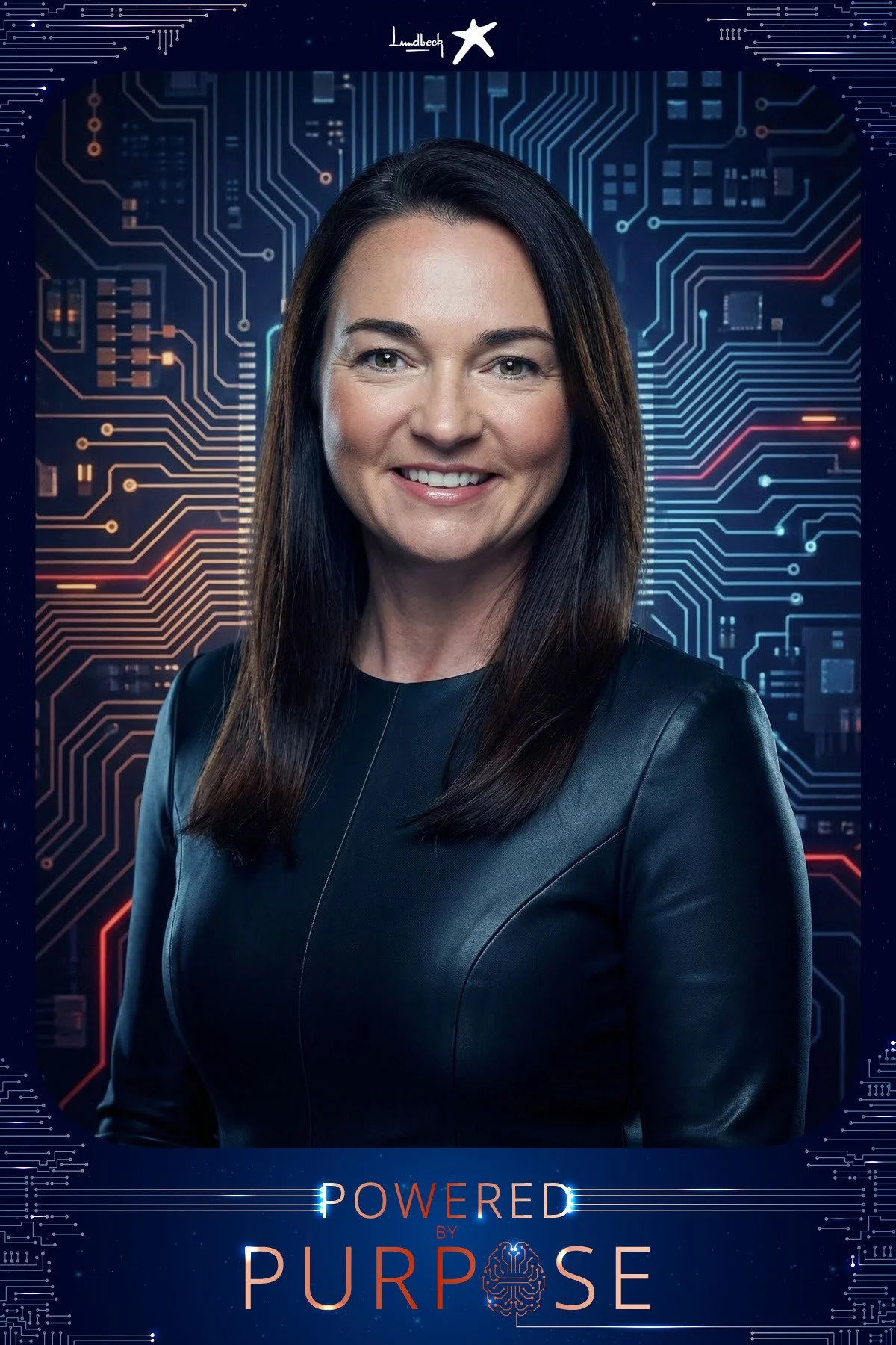A guest in a black leather top photographed against a glowing blue circuit board, generated as an AI portrait booth headshot