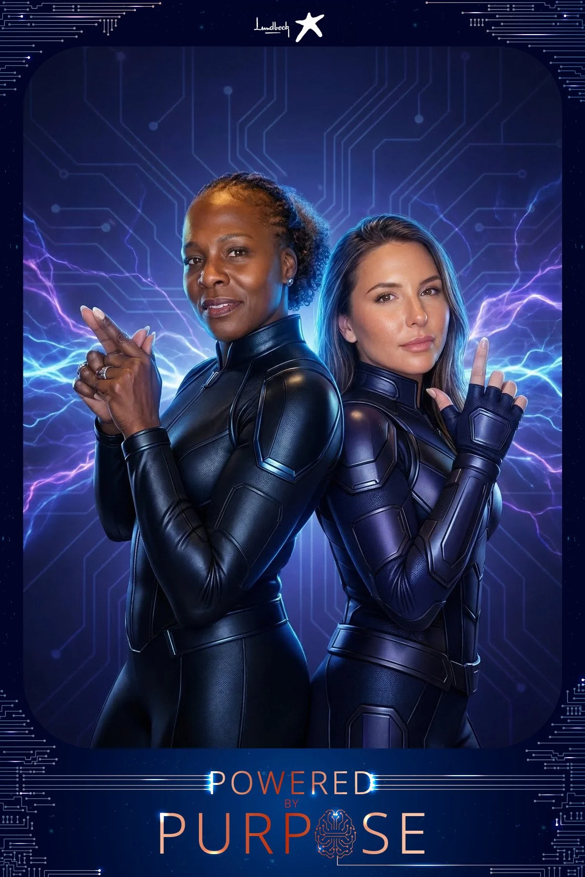 Two guests posed back to back in black hero suits as lightning crackles around them, created by the AI photo booth