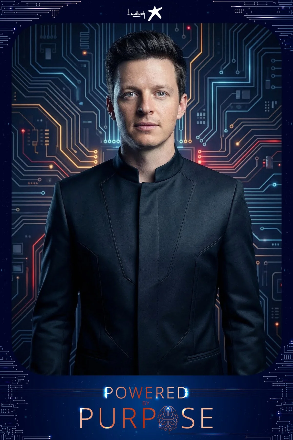 A guest in a high-collared black uniform against a neon blue circuit board, created by the AI photo booth