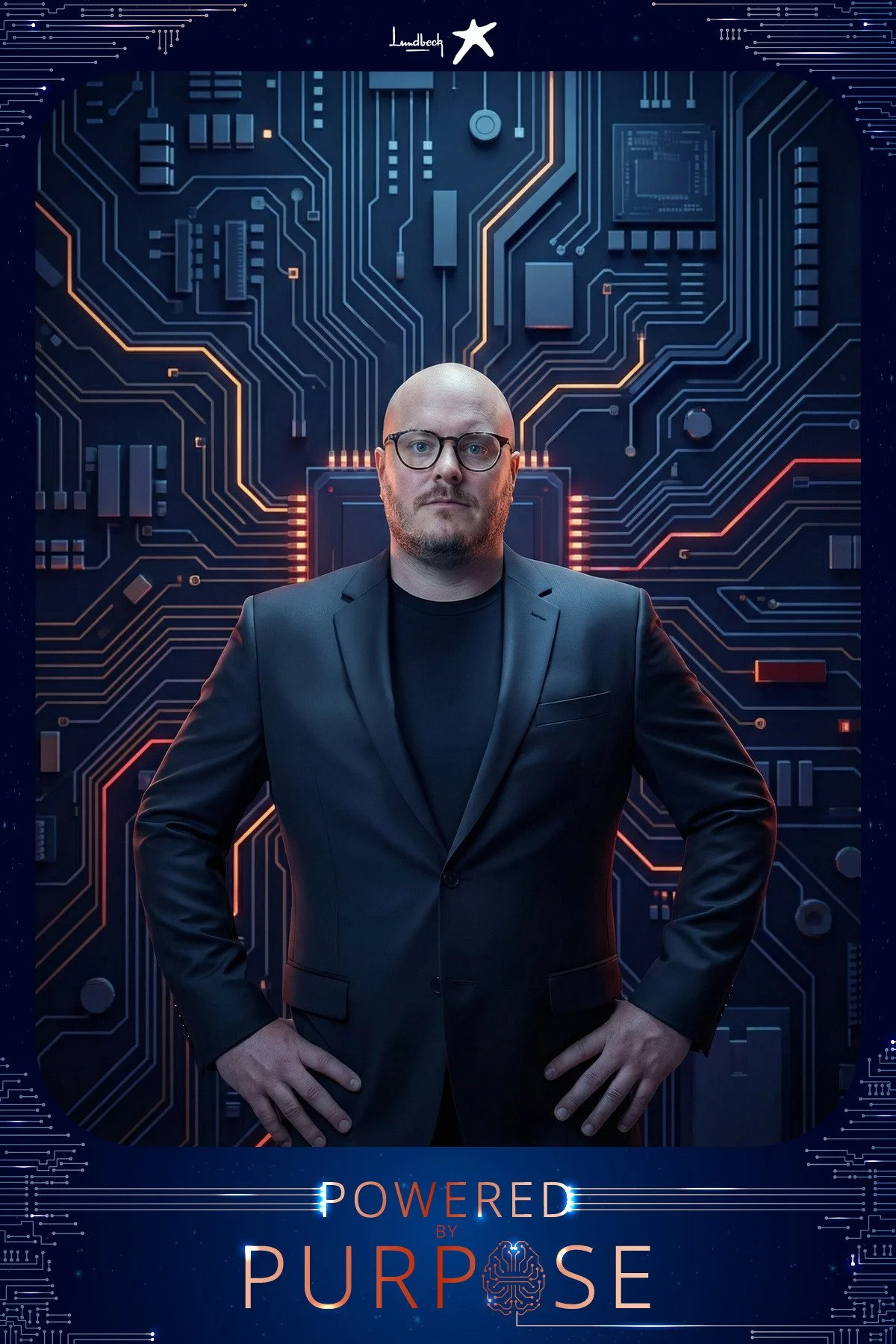 A guest in a dark suit standing in front of a glowing circuit board with a lit processor behind him, generated as an AI photo booth portrait