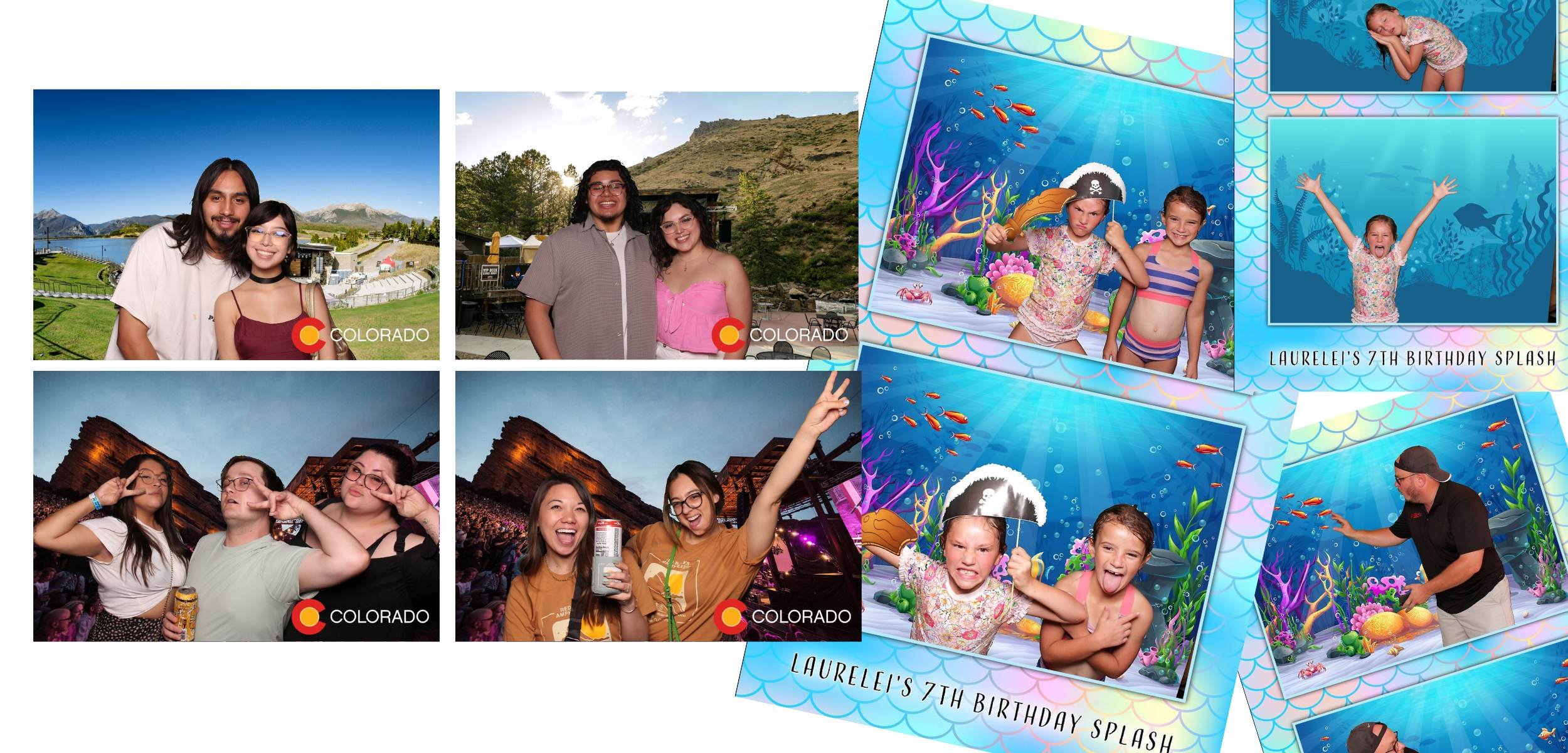 A collage of green screen photo booth prints, including a branded corporate overlay and a custom mermaid background for a kid's birthday.