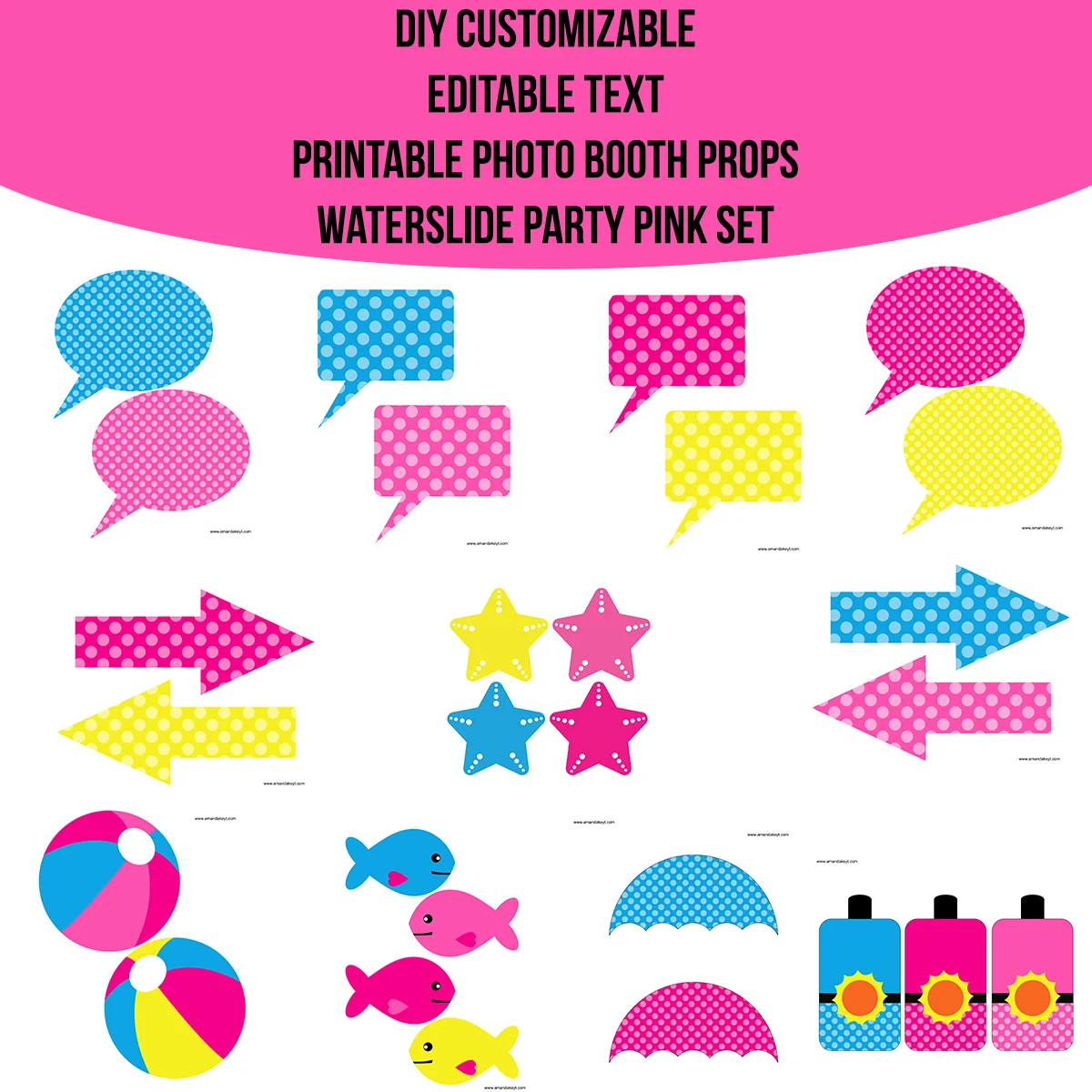 Instant Download Pink Waterslide Pool Party DIY Customizable Editable Text Prop Set
