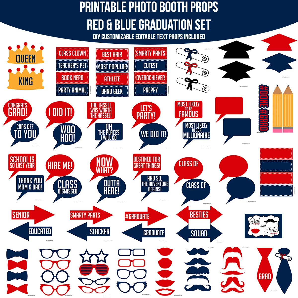 Instant Download Red & Blue Grad with Editable Text Props Printable Photo Booth Prop Set