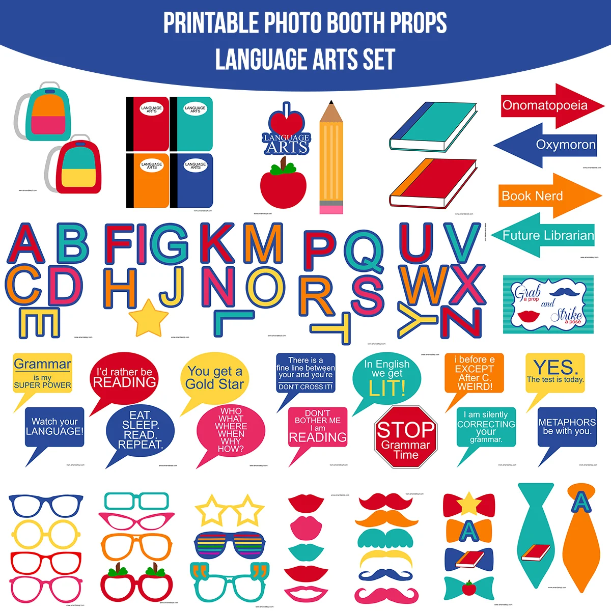 Instant Download Language Arts School Printable Photo Booth Prop Set