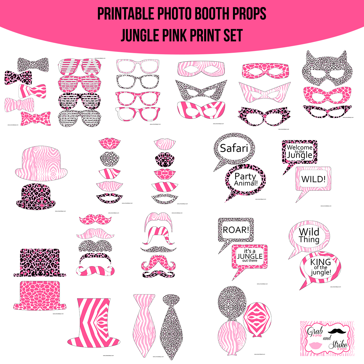 Instant Download Jungle Animal Pink Print Printable Photo Booth Prop Set
