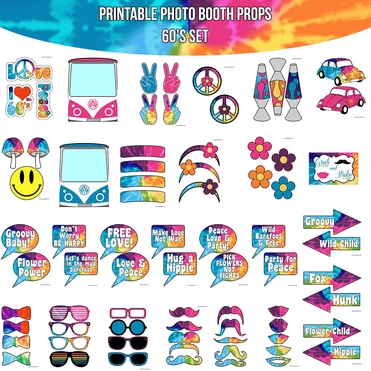 Instant Download 60s 60's Tie Dye Tiedye Printable Photo Booth Prop Set — Amanda Keyt Printable Designs instant-download-60s-60-s-tie-dye-tiedye-printable-photo-booth-prop-set-amanda-keyt-printable-designs