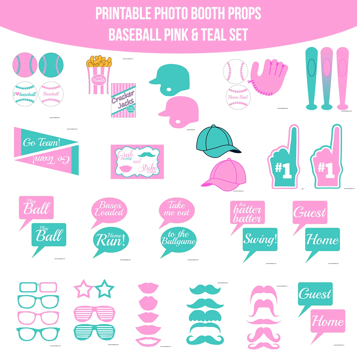Instant Download Baseball Pink & Teal Printable Photo Booth Prop Set