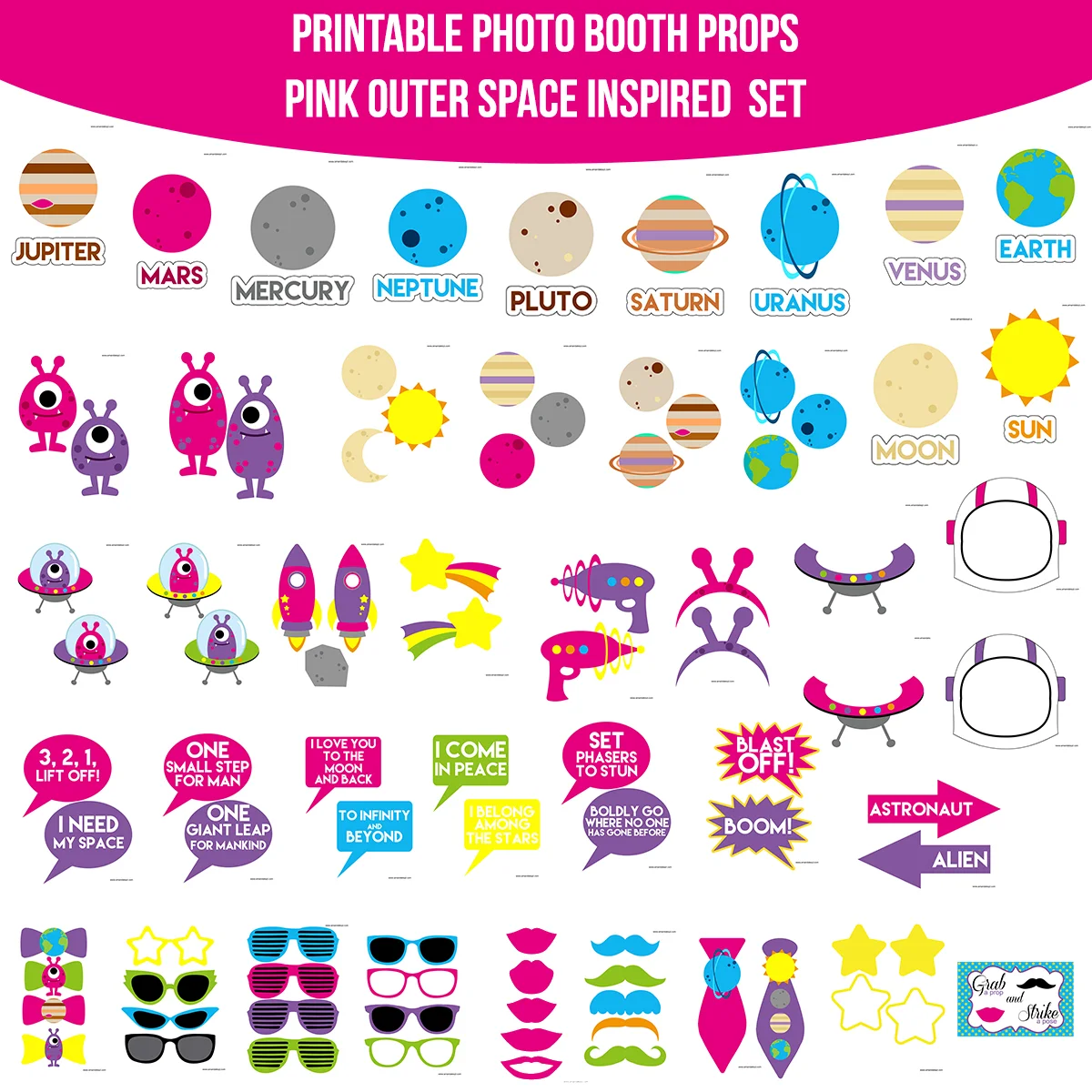 Instant Download Pink Outer Space Printable Photo Booth Prop Set